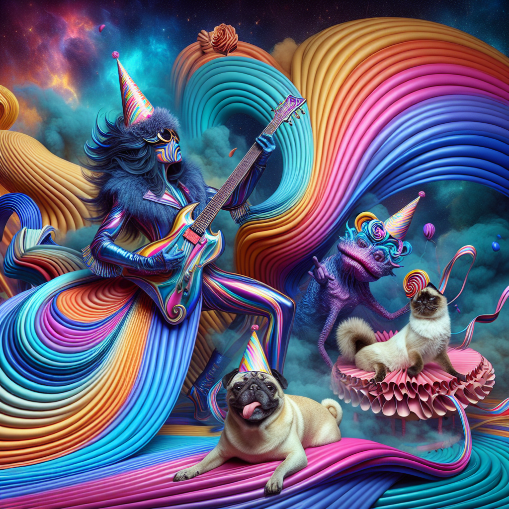 An ethereal rockstar, bearing a resemblance to the concept of a space glam character from the golden age of glam rock, bends into fantastical shapes that seamlessly blend with the vividly whimsical, Surreal Abstract birthday backdrop. This scene is accentuated by a pug dog dressed in multi-colored, morphing party hats, while a Siamese cat lounges gracefully, draped in multi-dimensional, flowing ribbons. The color palette is rich with electric hues, blurring the lines between reality and the realm of heightened imagination.
Generated with these themes: David bowie, Pug dog, and Siamese cat.
Made with ❤️ by AI.