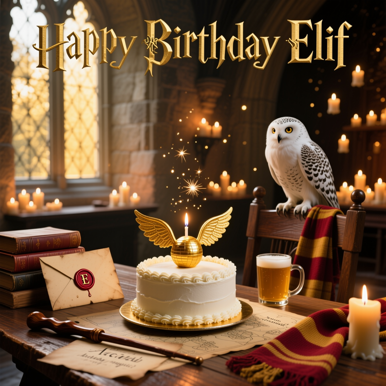 At the top of the Photorealistic picture taken from a camera image, Happy Birthday Elif

Ultra-high-definition 4K UHD photograph in a sincere, warm mood: a cozy, wizarding-world birthday scene inside a grand, candlelit stone hall reminiscent of Hogwarts. Foreground focus on a rustic oak table by a tall mullioned window with late-afternoon golden light streaming in. Centered on the table sits a round buttercream cake styled as a golden snitch—smooth white frosting, subtle edible-gold sheen, delicate sugar wings—one small candle softly flickering. Beside it: an aged parchment envelope sealed with deep red wax embossed with an ornate E, a polished wooden wand resting across map-like parchment, a frothy butterbeer in a glass mug, a tidy stack of worn leather spellbooks, and a striped scarf in deep scarlet and gold draped casually. A snowy owl perches on a chair back, feathers detailed and lifelike, watching the scene. In the background, dozens of floating candles glow, their flames forming gentle bokeh; tiny motes of dust and faint sparkles arc from the wand tip as if a recent charm was cast. Textures are tactile and real: wood grain, wax drips, parchment fibers, frosting swirls, soft plumage. Color palette: warm ambers, honey browns, cream, candle-gold, with hints of burgundy and forest green. Camera: full-frame DSLR, 50mm prime, f/1.8, ISO 200, 1/200s; cinematic shallow depth of field with the cake, letter, and wand crisply in focus, background softly blurred; accurate mixed lighting from diffuse window light and warm candlelight.

Design note for the main text: “Happy Birthday Elif” appears at the top in elegant, wand-lit gold serif lettering with a gentle glow and soft shadow, integrated tastefully without overpowering the scene.

Small caption to enhance the image: at the bottom-right, handwritten on a tiny parchment tag tied to the cake stand, a single short line reads: Accio birthday magic!
Generated with these themes: Harry Potter, and .
Made with ❤️ by AI.