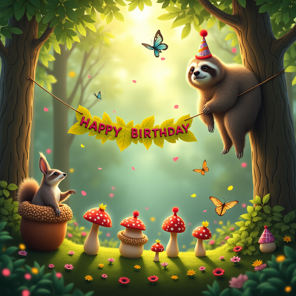 At the top of the realistic photograph image, "Beautiful Esther, hope your birthday is un-be-leaf-ably fabulous!"

**Image Prompt:**  
A high-resolution, realistic photograph of a serene forest scene where various plants and flowers are arranged to resemble a surprise birthday party. In the center of a mossy clearing, a grumpy-looking sloth wearing a colorful party hat is perched in a tree, lazily hanging a banner made of leaves that says "Happy Birthday." Below, a squirrel pops out of a giant, gift-wrapped acorn, while a line of mushrooms form a mini conga line wearing tiny hats made from petals. The background is filled with vibrant green foliage, rays of golden sunlight peeking through the trees, and butterflies flying in festive formation. Subtle yet funny birthday elements like confetti in the form of falling flower petals and a hummingbird delivering a birthday card add a cheeky touch to the natural whimsy.
Generated with these themes: Nature and plants, and .
Made with ❤️ by AI.