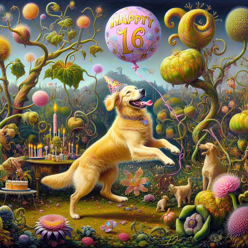A fanciful depiction showcasing a blissful 16th birthday party in a mystical garden. A sociable golden retriever, embellished with a festive hat, is exuberantly leaping with a 'sweet 16' balloon tied to its collar. Overgrown botanicals with bright, overstated hues envelop the scene, their foliage and blossoms intertwining to articulate 'Happy Birthday, Niece.' The vegetation sprouts peculiar, shimmering fruits that emit a gentle golden radiance on the revelry, rendering the entire panorama magical and like a dream.
Generated with these themes: 16 years old birthday, Golden retriever , Plants, and Niece.
Made with ❤️ by AI.
