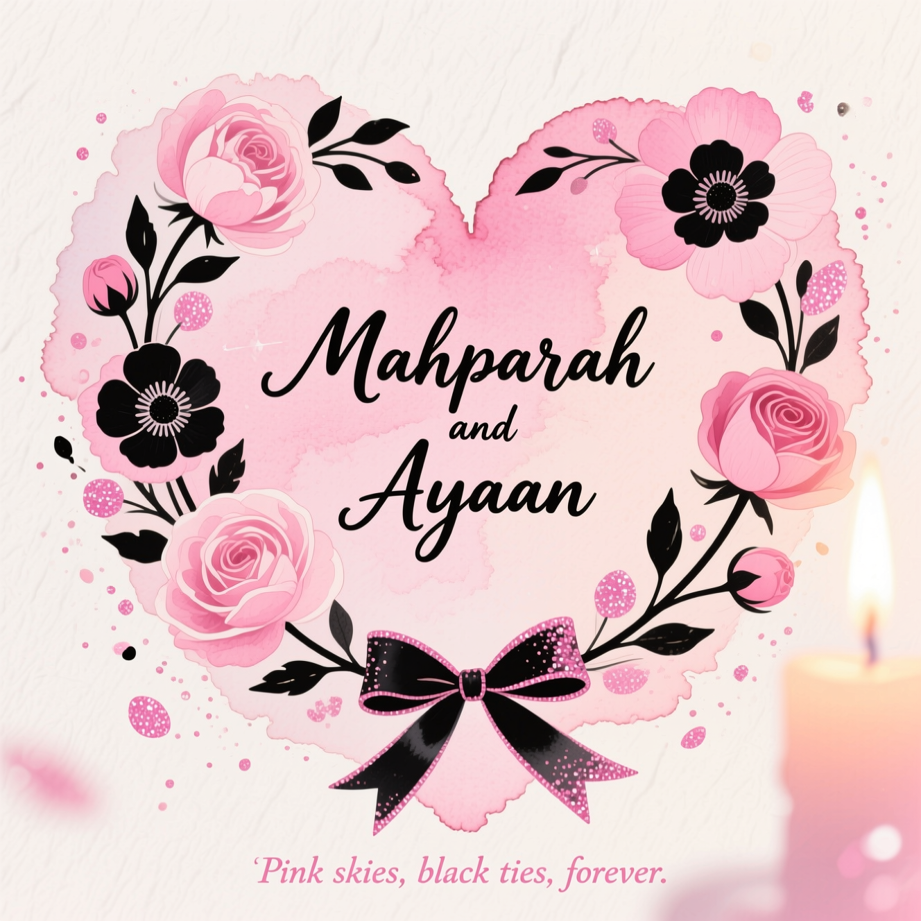 At the middle of the Watercolor Style image, “Mahparah and Ayaan” in flowing black brush-calligraphy, softly dusted with blush-pink glitter shimmer.

A romantic watercolor composition on cold-pressed paper: airy blush-to-rose pink washes with delicate gradients, soft pigment blooms, and visible natural paper texture. Center stage, a floral heart wreath painted in ethereal pinks (peonies, garden roses, ranunculus) with inky black accents in the anemone centers and fine black ink stems. A slender, watercolor black satin ribbon weaves through the wreath and ties a tiny bow, its edges kissed with onyx and pink glitter speckles that catch the light. Scattered, gently spattered glitter-like mica flecks (blush pink and onyx) drift outward like stardust, blending into the soft wash. Light bleeds and feathered edges keep everything dreamy and organic; no hard outlines, just velvety transitions and a warm, candlelit glow.

At the bottom, a small caption in delicate blush-pink italics with a whisper of glitter: “Pink skies, black ties, forever.”
Generated with these themes: Glitter, pink, Black, and .
Made with ❤️ by AI.
