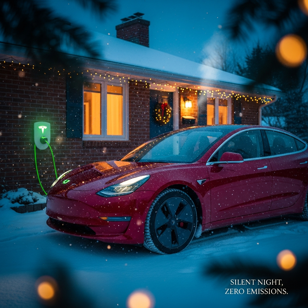Portrait 4K UHD photorealistic photograph, blue-hour snowfall on a quiet, snow-blanketed driveway outside a cozy home. In the foreground, a red Tesla Model 3 parked three-quarters angle, lightly dusted with fresh snow crystals on the hood, roof, and mirrors. A Tesla Wall Connector on the brick exterior glows a soft green, charging cable arcing neatly into the port. Warm amber window light and golden string lights along the eaves reflect in the car’s glossy paint and wet tire sidewalls. Evergreen branches frame the scene in the foreground with soft bokeh; delicate snowflakes hang midair, some in crisp focus, others shimmering as round, creamy highlights. A simple wreath on the front door, faint chimney vapor drifting upward, tire tracks pressed into powder. Color palette: deep red, evergreen, warm gold highlights against cool blue snow. Mood: sincere, peaceful, quietly celebratory. Ultra-high-definition textures: granular snow, subtle frost on glass edges, clean reflections, realistic shadow falloff.

Small text in-image: “Silent Night, Zero Emissions.” placed in the lower-right corner in a refined, warm-white serif, subtle drop shadow, understated size.

Camera/style details: natural ambient lighting, Sony A7R IV look, 50mm lens, f/2.2, ISO 200, 1/80s, rich depth of field with gentle foreground and background bokeh; accurate white balance and true-to-life contrast; minimal post-processing, no exaggerated HDR. No people, no clutter, photorealistic.
Generated with these themes: Tesla, and .
Made with ❤️ by AI.