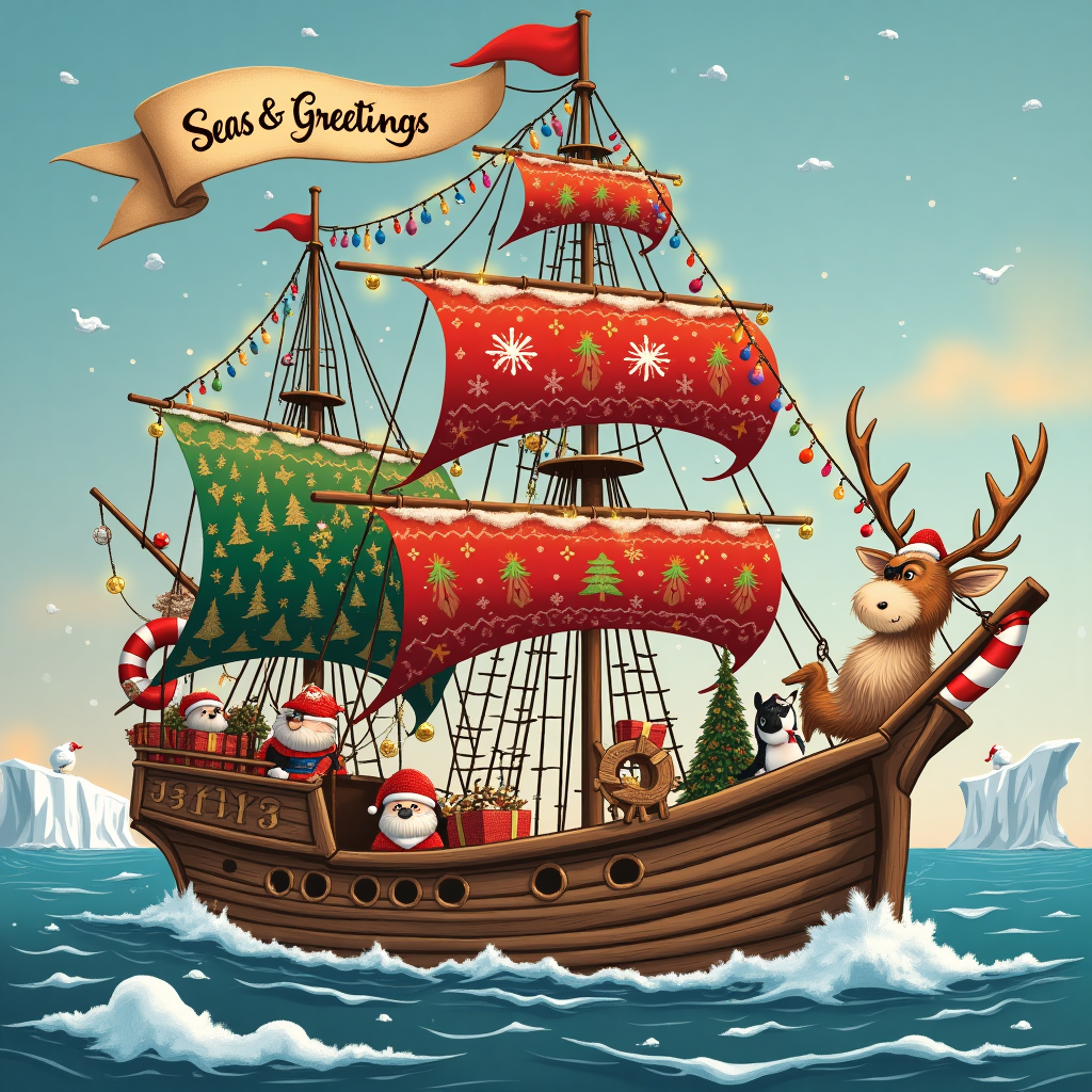 Picture a whimsical Christmas card featuring a charming old pirate ship, whimsically named "The Jolly Holly," festooned with a cascade of vibrant holiday decorations. The scene is set on a tranquil snowy sea with fluffy white flakes gently resting on the ship's timeworn wooden planks. The ship's sails, instead of the usual canvas, are transformed into enormous, intricately patterned Christmas sweaters in rich reds, greens, and golds, adorned with snowflakes, reindeer, and fir trees. The rigging is made up of twinkling strings of multicolored Christmas lights that glisten against the dusky winter sky, casting reflections on the glistening water below.

At the bow, an animated jolly old sea captain, reminiscent of a slightly tipsy Santa Claus, peers through a vintage telescope. His beard is festooned with tinsel and tiny ornaments, and a traditional Santa hat rests on his head with its pom-pom bobbing merrily. On deck, merry elves dressed as mischievous cabin crew scurry around, wrapping gifts with golden ribbon, while a penguin dressed as a first mate, sporting a red and white striped scarf, directs a chorus of seafaring carolers – a choir of cheerful seagulls wearing little sailor hats.

The ship's wheel is humorously oversized, fashioned out of a giant peppermint candy cane, and at the stern, a plump reindeer with an eyepatch and a playful grin is playfully tangled in more string lights, its antlers serving as impromptu hooks for baubles and candy canes. The background is a soft blend of pale blues and silvers, depicting distant icy cliffs with polar bears in Santa hats waving friendly greetings.

Above it all, a playful banner flutters in the breeze, reading "Seas & Greetings," inviting everyone to embark on this festive high-seas holiday adventure. The scene is bursting with humor and festive delight, cleverly combining nautical nostalgia with Christmas cheer.
Generated with these themes: A OLD SHIP.
Made with ❤️ by AI.