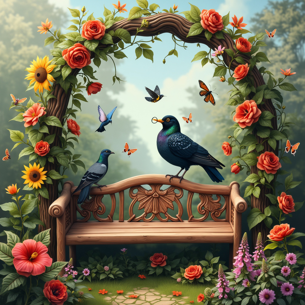 Imagine a whimsical garden scene bursting with life, framed by a majestic rose arch made of twisting trellis wood. Under the arch, a wooden bench is adorned with intricate carvings that mimic the surrounding flora. On the bench sits a quirky, plump blackbird, with a tiny monocle perched precariously on its beak, giving it an air of sage wisdom.

Around the bench, hibiscus flowers with vibrant red petals sway gently as if whispering secrets. To the left, a patch of towering sunflowers stands like cheerful sentinels, their large heads tilting slightly as if to eavesdrop on the bench's quiet moment. On the right, a dense cluster of digitales (foxgloves) create a cascade of pink and purple bells, some of which are being curiously inspected by bumblebees with their signature black and yellow fuzz.

Above, pigeons with a hint of iridescent green on their necks flit around, some resting on the trellis while others swoop playfully through the arch. Butterflies of all colors – azure blues, radiant oranges, and delicate whites – dance lightly on the soft breeze, occasionally resting on the petals of a nearby passiflora vine that is wrapping itself sensuously around the garden's wooden lattice structures. 

A humble bumblebee can be seen interacting with a butterfly, their tiny forms juxtaposed against the grand floral background, while others buzz contentedly between flowers, going about their busy day. Every leaf, petal, and wing is alive with detail, each element interacting in this harmonious tableau.

In the backdrop, the lush foliage seamlessly transitions into a slightly darkened wood, hinting at the quiet mysteries that lie beyond the immediate garden. This combination of whimsical fauna and the fantastical, detailed flora creates a scene that feels both vibrant and intimate, a testament to the quirky, ever-busy yet profoundly interconnected life of a garden. 

This image tells a story of life's constant, vibrant motion, even in moments of stillness, perfectly capturing the essence of sympathetic solace in nature's grand theater.
Generated with these themes: Rose arch wood, Hibiscus, Sunflowers, Digitales, Pigeons, Butterflies, Humble bees, Blackbird, Trellis wood, and Passiflora.
Made with ❤️ by AI.