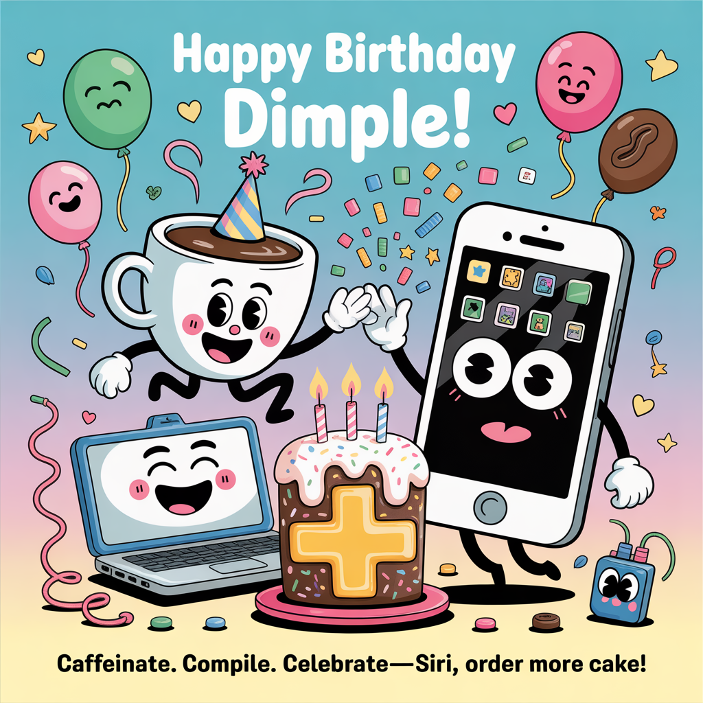 At the top of the Cartoon Style image, "HAPPY BIRTHDAY DIMPLE!"
At the bottom of the image, "Caffeinate. Compile. Celebrate—Siri, order more cake!"

- Playful, cute cartoon scene with exaggerated proportions, thick outlines, and bright saturated colors.
- Center stage: an oversized, smiling coffee cup in a tiny party hat, steam curling into confetti swirls, hugging a chubby, happy laptop; a giant iPhone with starry eyes is mid-swipe, showering the scene with colorful app-icon confetti.
- A sprinkle-covered birthday cake shaped like a glowing power button sits between them, candles sparkling.
- Whimsical, energetic poses: the coffee cup is mid-skip, the laptop throws pixel-sparkle confetti, the iPhone leans in like it’s taking a joyful selfie.
- Background: candy-colored gradient with balloons (some shaped like coffee beans and app squares), twisty streamers like charging cables, tiny stars and hearts.
- Color palette: teal, bubblegum pink, sunshine yellow, electric blue; bold black outlines with glossy highlights on screens and mug.
- Text styling: top headline in big bubbly letters with thick outline and cheerful shadow; bottom punchline in a playful ribbon banner.
Generated with these themes: Coffee, computers, iphone, and .
Made with ❤️ by AI.