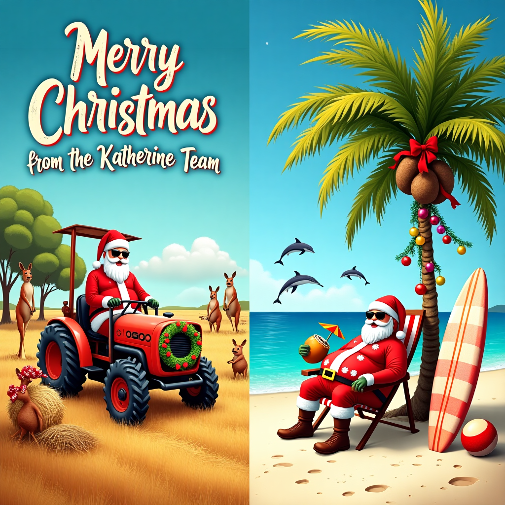 Santa working on a farm in the heat, with Merry Christmas from the Katherine Team written on it, Santa relaxing on a beach, with palm trees, and Mango tree instead of a Christmas tree, covered in baubles and tinsel Christmas Card