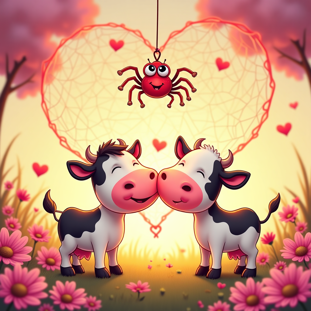 At the top of the Cartoon Style image, write in playful, curly pink letters: **I miss you Amer**.  

A bright, whimsical cartoon scene of two adorable, big-eyed cows standing on opposite sides of a cobweb heart strung between them, the silky strands glistening with little sparkling dewdrops shaped like hearts. One cow is reaching over to hug the other through the web, their oversized heads tilted with loving, goofy smiles and rosy cheeks. A friendly, wide-eyed cartoon spider wearing a tiny cupid bow-tie dangles from the top of the heart-shaped web, holding a miniature bouquet of flowers. The background is a glowing sunset meadow bursting with oversized candy-colored daisies and little floating hearts drifting through the air. Colors are bold, saturated pinks, reds, yellows, and soft purples, with thick black outlines and exaggerated proportions for maximum cuteness and warmth.
Generated with these themes: Romance, Hugs, Cows, Spiders, Love, and .
Made with ❤️ by AI.