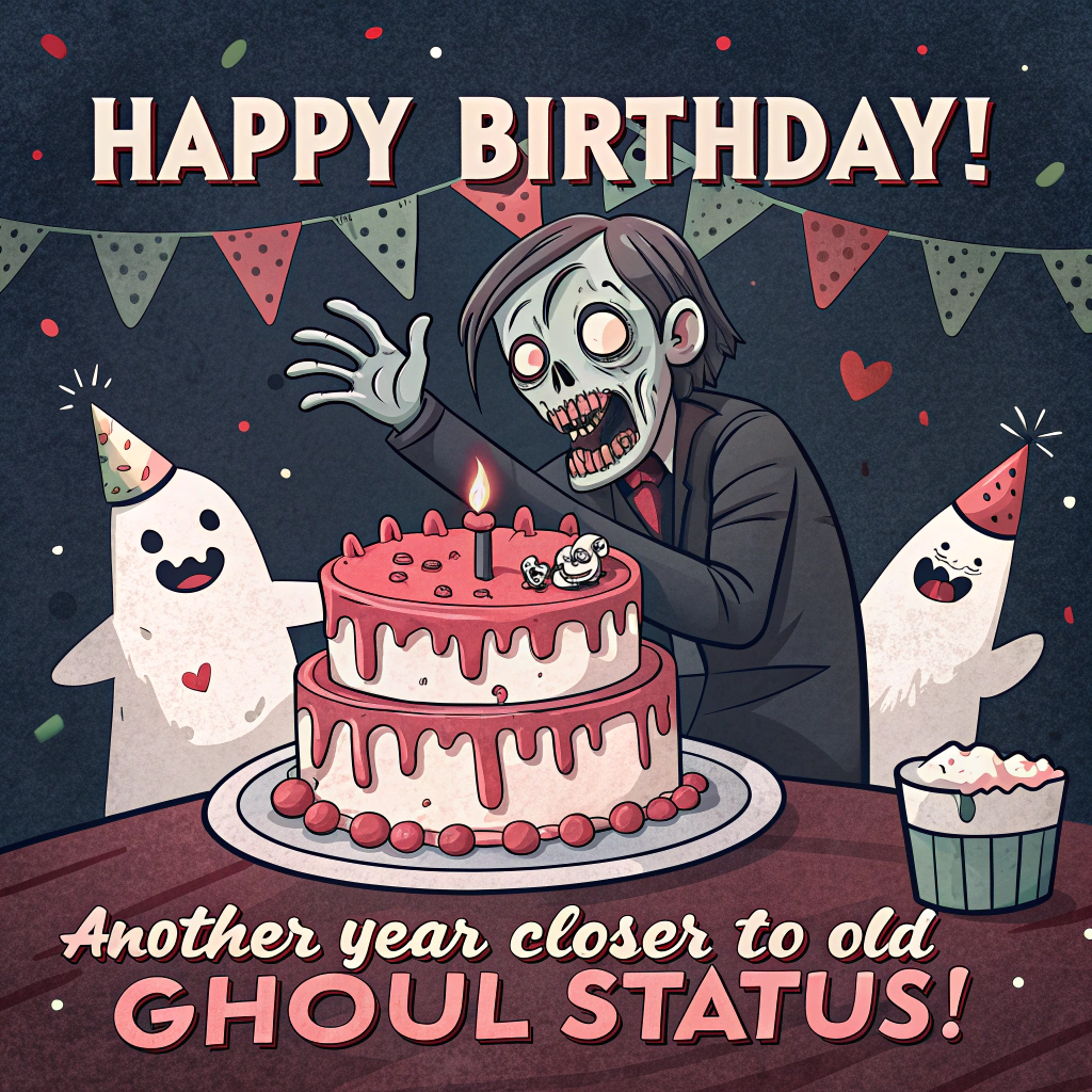 At the top of the image, "Happy Birthday!"

At the bottom of the image, "Another year closer to 'old ghoul' status!"

- In the center of the image, illustrate a hand-drawn scene with a dark humor twist: a zombie emerging from a birthday cake, its eyes humorously wide with surprise. The cake is gothic-themed with dripping red 'icing' that resembles blood. Surround the scene with cheerful party decorations and playful ghosts wearing party hats, all with cheeky expressions. The color palette includes warm, expressive tones to balance the dark humor.
Generated with these themes: Horror blood dark humor, and .
Made with ❤️ by AI.