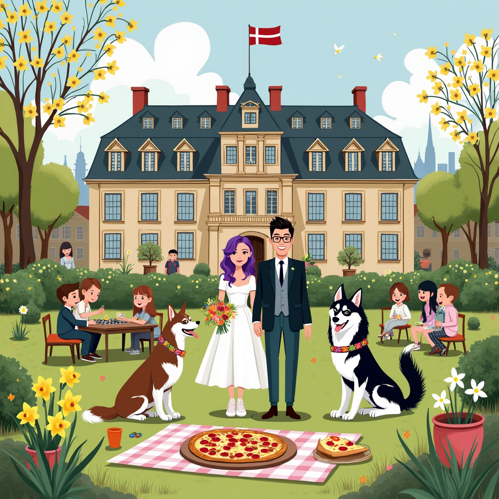 In the center of the greetings card, a charming Town Hall stands majestically with its classic architecture, complete with a Danish flag fluttering proudly on top. The Town Hall is surrounded by a lush garden, where vibrant daffodils and pot plants add a touch of natural beauty. The focal point of the scene is a whimsical wedding celebration unfolding in front of the Town Hall.

Standing together, hand in hand, are the bride and groom. The groom, with dark hair and glasses, is dressed in dark green trousers and a dark blue jacket, looking both stylish and joyful. Beside him, the bride radiates charm with her purple hair elegantly styled up. She wears a knee-length white dress and trendy white trainers, exuding a modern and playful vibe.

Flanking the happy couple are two adorable Malamutes, each with fluffy tails. The brown and white female Malamute is on the groom's side, while the black and white female Malamute stands proudly beside the bride. The dogs have matching collars adorned with tiny flowers, adding to the festive atmosphere.

Around them, the scene is alive with delightful details. A pizza on a picnic table suggests a fun and casual reception, with slices of pizza being enjoyed by family members seated on a colorful blanket spread on the grass. Board games are scattered around, with a couple of family members, including children, engaged in a lively game of chess. The entire family is depicted, with characters of various ages and appearances, sharing smiles and laughter.

In the background, Copenhagen's skyline can be faintly seen, hinting at the city’s unique charm and adding context to the location. Potted plants are scattered around the garden, providing a homely and cozy feel to the scene. Each element is intricately drawn, with fine lines and vibrant colors, ensuring that every detail contributes to the storytelling of this joyous and quirky wedding celebration.
Generated with these themes: Brown and white female Malamute with fluffy tail, Black and white female Malamute with fluffy tail, Copenhagen , Dark haired groom with glasses, wearing dark green trousers and dark blue jacket , Purple haired bride, with her hair up. Wearing knee length white dress and white trainers , Town Hall wedding , Pizza , Board games , Danish flag , Daffodils , Pot plants , and Family .
Made with ❤️ by AI.