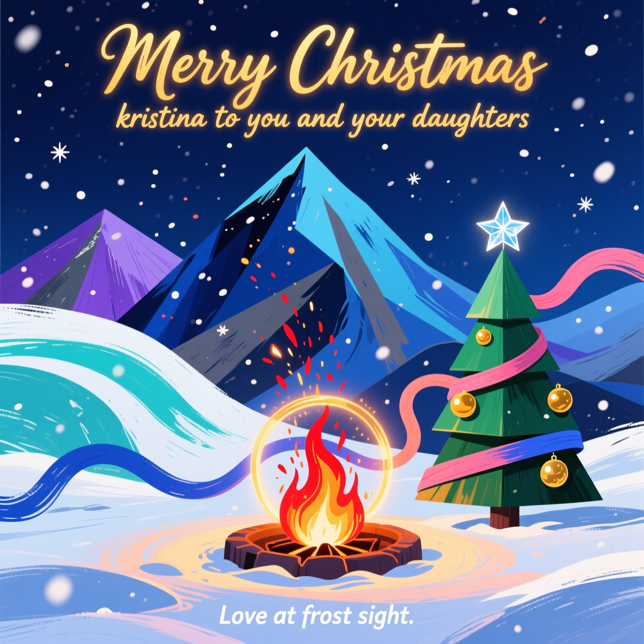 Mountain top,snow,Christmas tree,fire pit, and Christmas Card