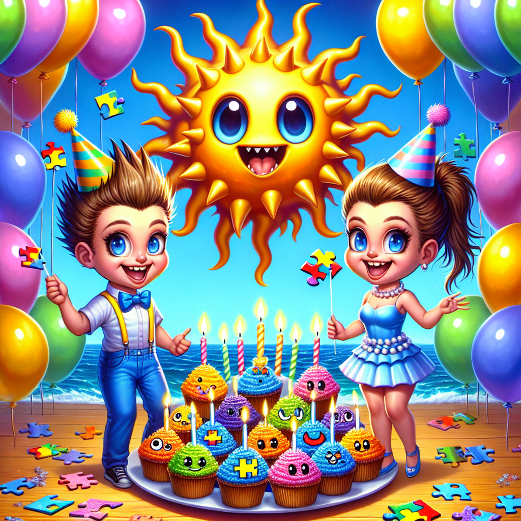 A lively birthday backdrop is set against an oceanic canvas, graced by a delightful sun fish that swims gracefully among multicolored bubbles. Two cartoon siblings, a spikey-haired boy and a girl with a symmetrical pearl necklace, hold festive balloons as they sport party hats with their trademark smiles. A fictitious playful and appealing character frosts a collection of tasty-looking meme-inspired cupcakes. Each dessert is decorated with iconic internet symbols. The subtle implication of autism awareness is artistically woven into the design, presenting in forms of puzzle piece designs on the cupcakes and celebration decorations, promoting neurodiversity in this playful, cartoonish setup.
Generated with these themes: Ocean sun fish, The simpsons, Cupcakke, Memes, and Autism.
Made with ❤️ by AI.