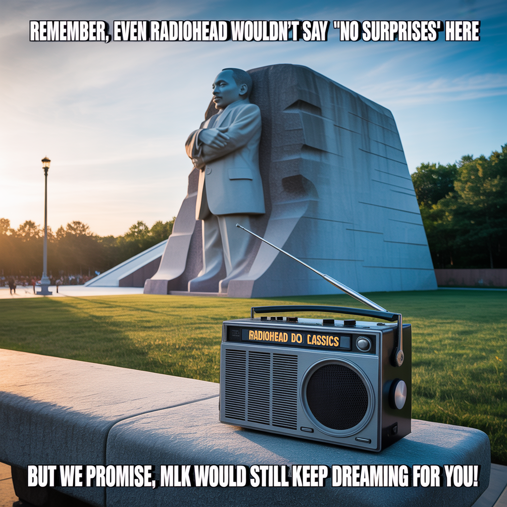At the top of the image, "Remember, Even Radiohead Wouldn't Say 'No Surprises' Here"

At the bottom of the image, "But We Promise, MLK Would Still Keep Dreaming for You!" 

- Capture a photorealistic scene with the Martin Luther King Jr. Memorial as the central focus. The serene statue of MLK is bathed in soft morning light, adding a peaceful aura. In the foreground, a classic 90s radio sits on a stone bench, humorously labeled with "Radiohead Classics," implying a quirky blend of historic significance and alternative rock nostalgia.
Generated with these themes: Martin Luther king memorial, Radiohead, and .
Made with ❤️ by AI.