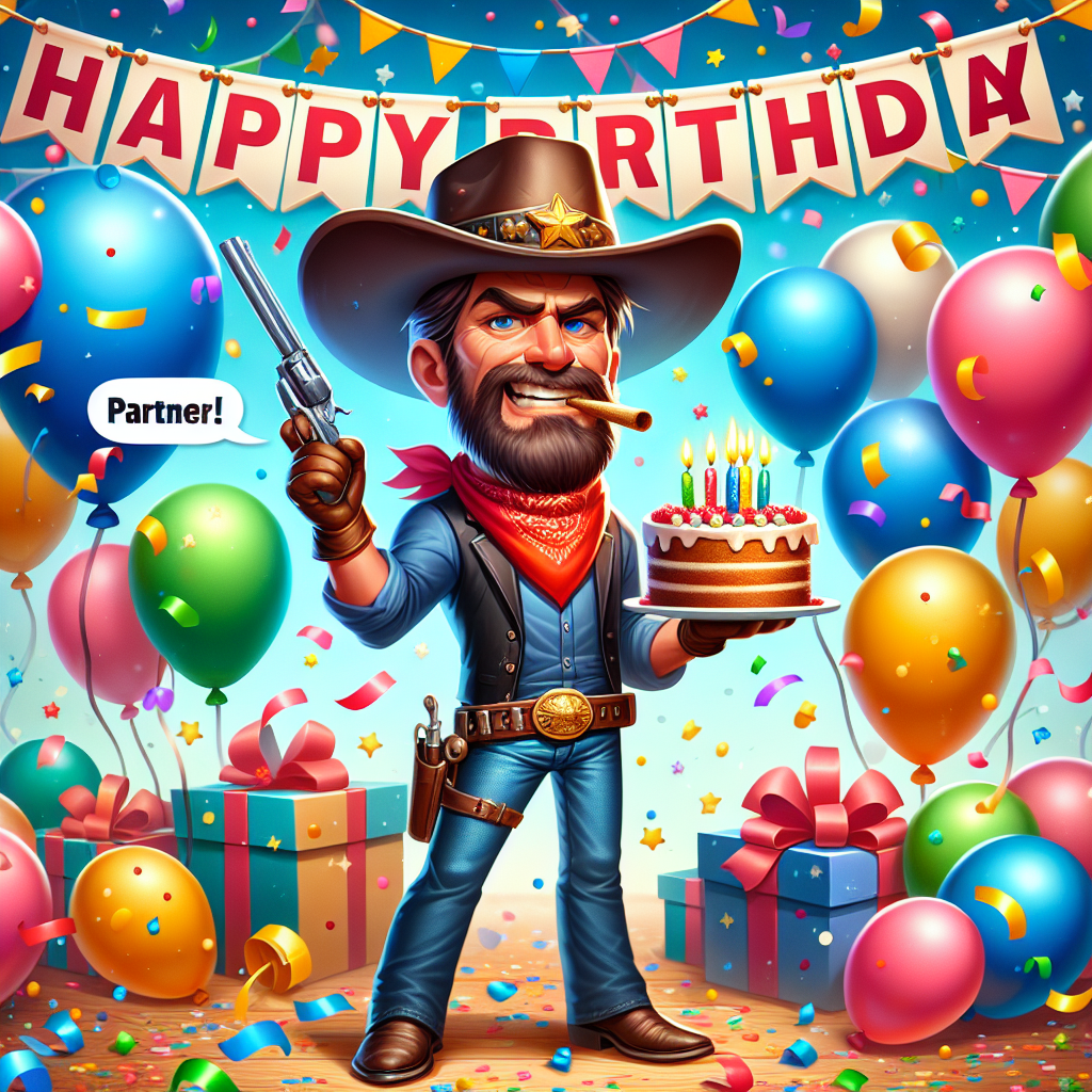 Craft a joyful cartoon scene that carries a birthday theme. In its vivacious setting are animated balloons, confetti, and a vibrant banner that reads 'Happy Birthday'. In midst of this festive disorder stands an endearing caricature of an unidentified, yet recognizable Western hero. This character dons a signature cowboy hat and bandana and is dressed in a jovial party suit, firmly holding a piece of birthday cake. There is a speech bubble escaping from him, and it says 'Partner, make a wish!'
Generated with these themes: John wayne.
Made with ❤️ by AI.