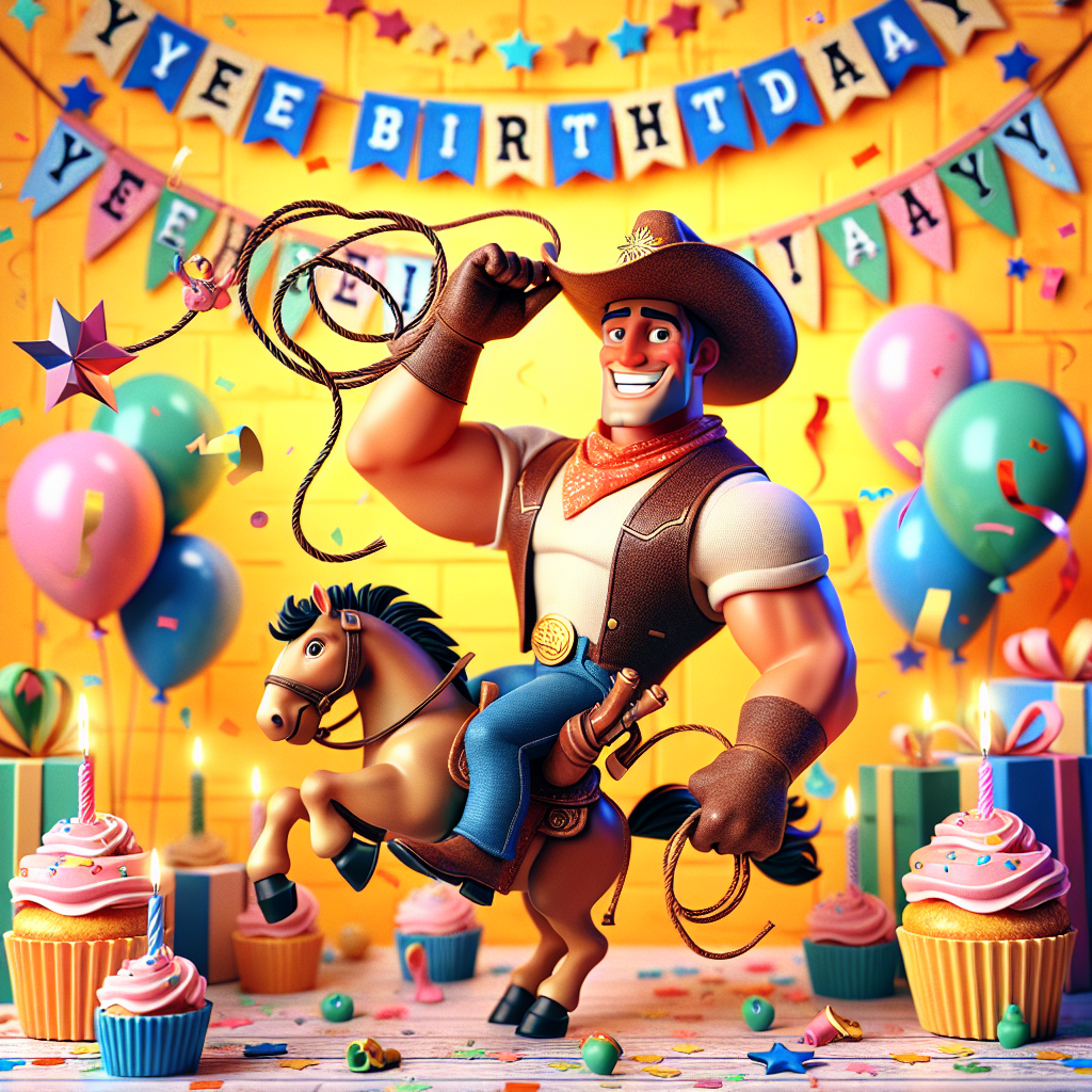 In this delightful birthday scene, a charming cartoon character takes center stage embodying the spirit of cowboy resilience, tipping his unique cowboy hat with a wide smile. His physique is muscular yet gentle. He is surrounded by vibrantly colored birthday decorations, including streamers and cupcakes topped with tiny cowboy boots, and a festive 'Yeehaw Birthday!' banner strung across the top. The jovial atmosphere is accentuated by the character cartoonishly riding a bucking bronco-shaped balloon, waving a lasso that creatively forms the number of the celebrant's age.
Generated with these themes: John wayne.
Made with ❤️ by AI.