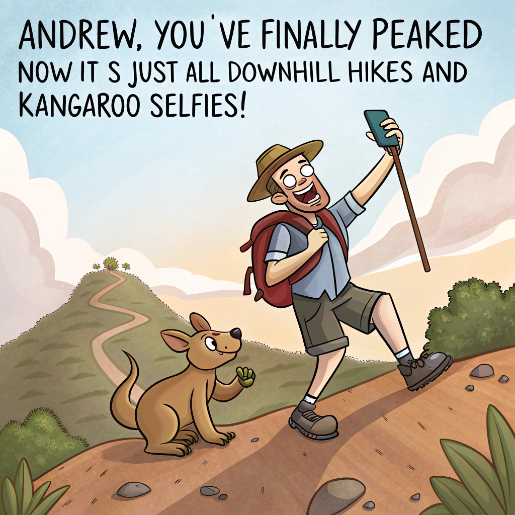 At the top of the image, "Andrew, you’ve finally peaked – now it’s just all downhill hikes and kangaroo selfies!"

- Depict a cartoon scene set in the Australian outback, with a rugged trail leading up to a comically high hill.
- At the top, Andrew stands triumphantly in hiking gear, looking both proud and slightly winded, with a wombat clinging to his leg and a koala trying to high-five him.
- Behind him, a kangaroo takes a selfie using a stick-mounted camera, making a peace sign with its paw.
- Add a trail signpost nearby that reads: “Mt. Mid-Life – Elevation: Too Many Birthdays.”
- A few magpies circle playfully above wearing tiny birthday hats.
Generated with these themes: Hiking great outdoors Australia.
Made with ❤️ by AI.