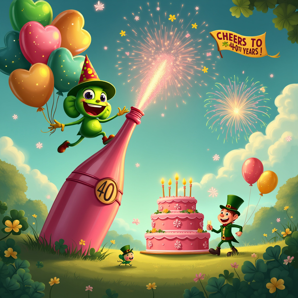 Champage, Pink sparkles, 40 birthday, Shamrock, Clover, and Balloons Birthday Card