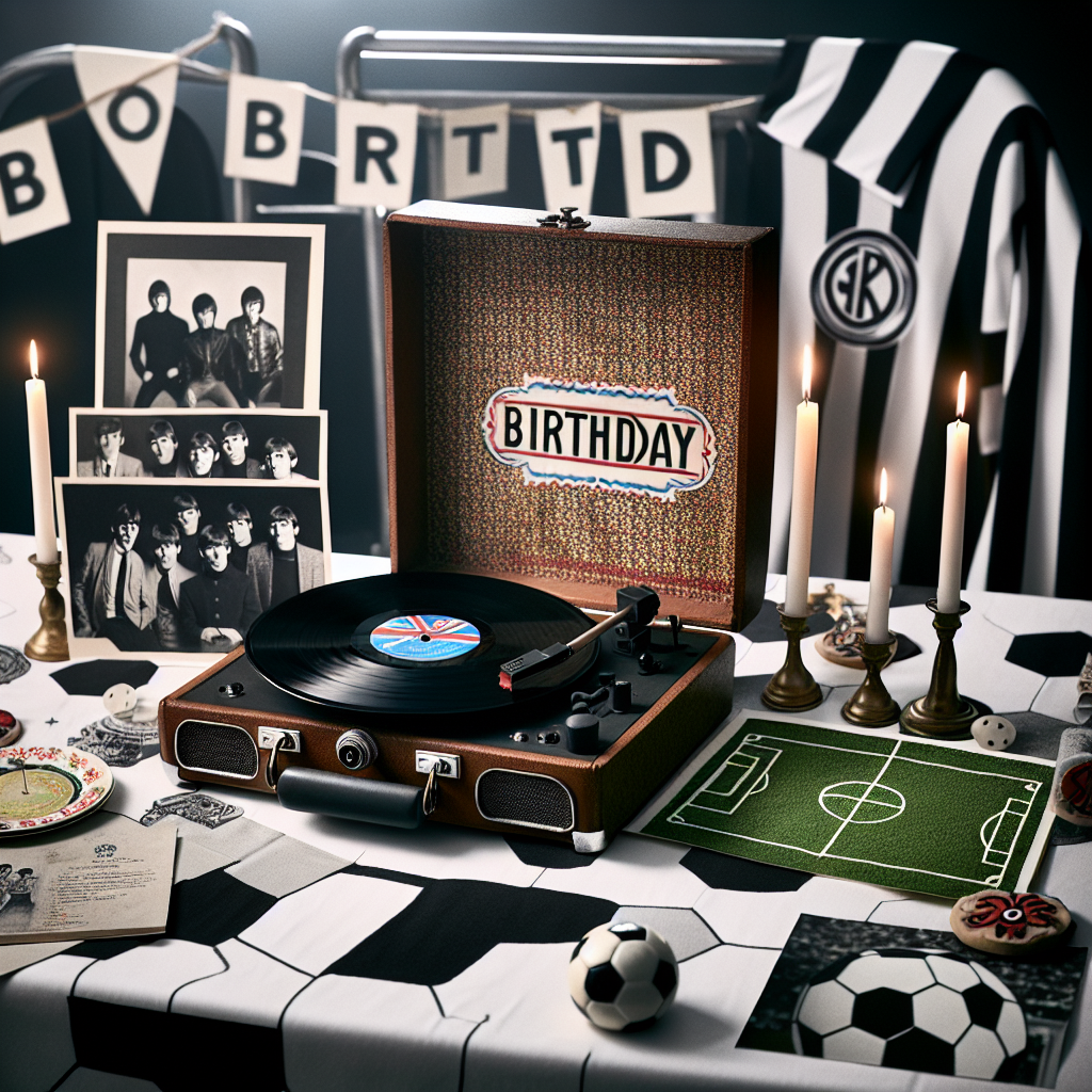 The setting is an endearing and realistic birthday celebration. The primary attraction is an old-fashioned record player adorned with designs reminiscent of a popular 1960s band. A vinyl record titled 'Birthday' sits under the needle, ready to spin. There's a creatively-designed tablecloth depicting a soccer field adding to the festive atmosphere. Softly glowing candles act as stadium lights, evoking a sporting event. Black and white prints of a music group from the '60s and soccer mementos scattered around contribute to the sincere tribute to the celebrated person's interests. These elements blend harmoniously with customary birthday decorations, offering a unique and personalized touch.
Generated with these themes: The Beatles, Football, and Birthday.
Made with ❤️ by AI.