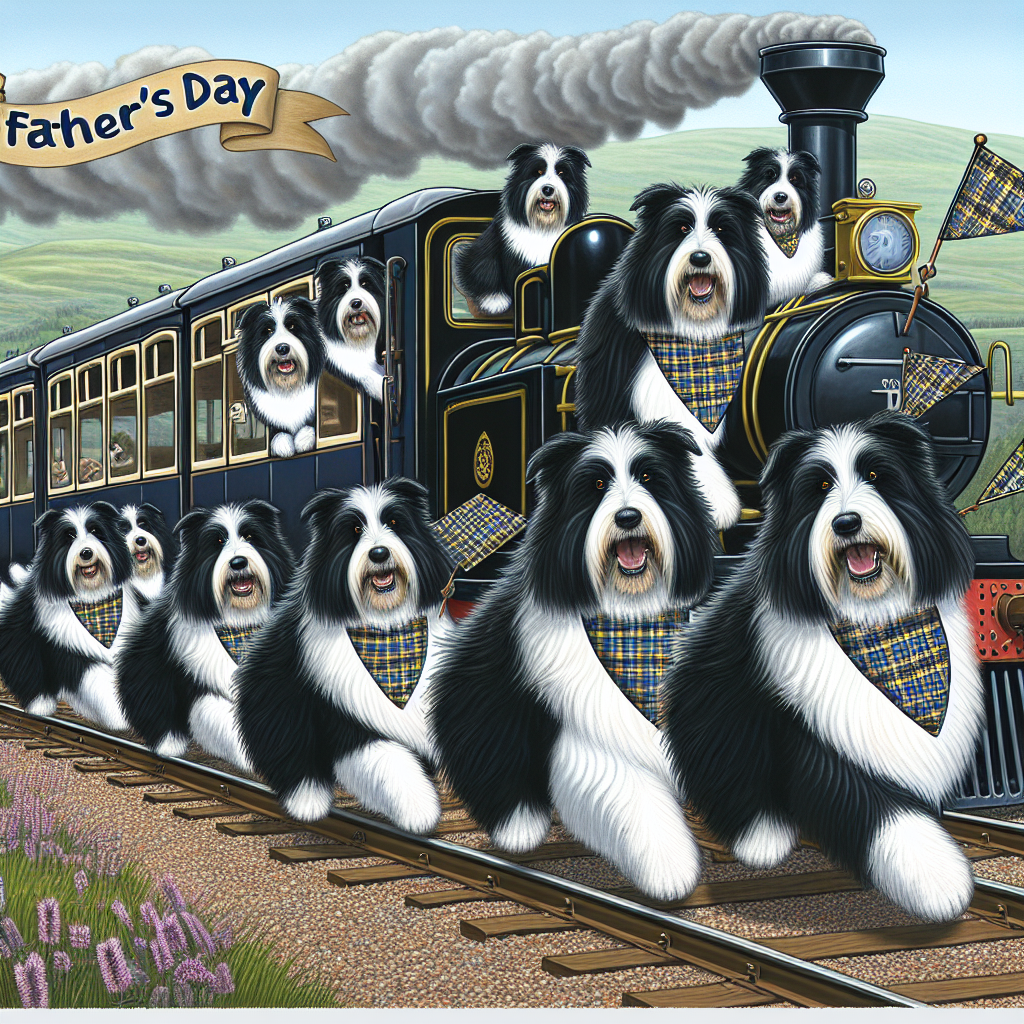 In a Father's Day-themed cartoon scene located in Scotland, multiple black and white bearded collie dogs are shown. They carry an air of playfulness as they run along the side of an old-fashioned train. All dogs proudly wear bandanas featuring the patterning of the MacBean tartan, indicative of Scottish heritage. Similarly, the train is adorned with streamers showing the grand MacBean tartan, reinforcing the theme. These dogs seem engaged in a mission, delivering Father's Day greeting cards that flutter behind them, symbolizing a father's ongoing support and guidance. The background reveals a clear Scottish skyline, and in a humorous twist, the train's smoke whimsically forms the word 'Dad', further emphasizing the festive celebration.
Generated with these themes: black and white bearded collie dogs, scotland, MacBean tartan and trains .
Made with ❤️ by AI.