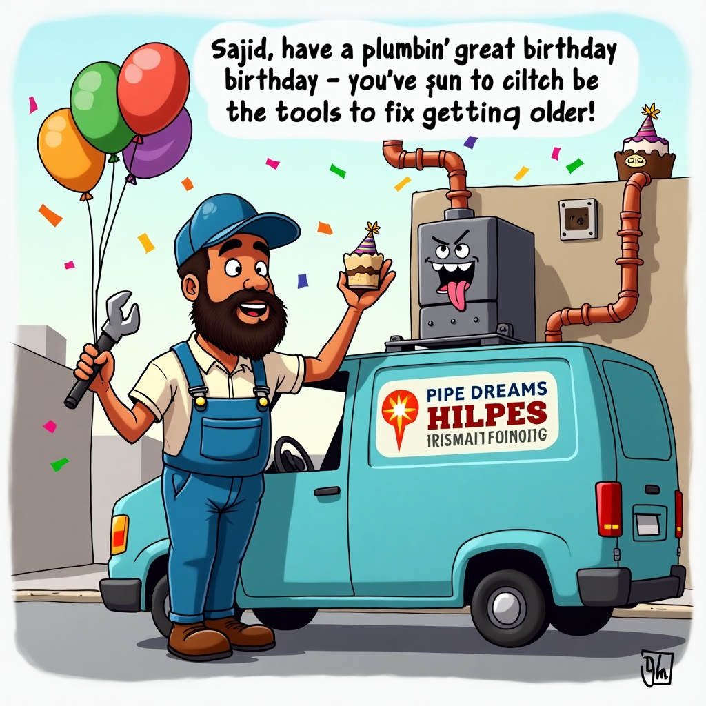 **Prompt:**

At the top of the cartoon image, *"Sajid, have a plumbin' great birthday — you've got all the tools to fix getting older!"*

A cartoon-style, funny image featuring an Asian plumber named Sajid, with a big friendly beard, dressed in blue overalls smeared with little cartoonish smudges of grease. He's leaning out of the side door of his light blue plumber's van, which has a logo on the side that says "Pipe Dreams Plumbing." He's juggling comically exaggerated plumber's tools (a giant wrench, plunger, pipe snake), and one is about to bop him on the head.

Behind him, there's a cartoon gas boiler comically frowning and leaking steam with a tiny party hat on it, as if it’s invited to the party. There are floating birthday balloons tied to copper pipes, and one pipe has been bent into the shape of a ‘happy face.’

The background features a street scene with subtle party elements like confetti in the air, a birthday cake dangerously balanced on the roof of the van, and a confused dog looking out of a manhole nearby. The overall mood is cheerful, cheeky, and playfully chaotic — perfect for a fun birthday greeting!
Generated with these themes: Plumber, Light blue van, Overalls, Tools, Gas Boiler, Beard, and Asian.
Made with ❤️ by AI.