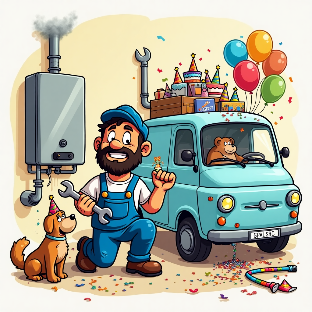 Plumber, Light blue van, Overalls, Tools, Gas Boiler, Beard, and Asian Birthday Card