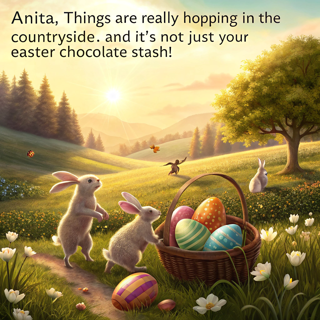At the top of the realistic photograph image, "Anita, things are really hopping in the countryside—and it's not just your Easter chocolate stash!"

— The image should be a highly realistic countryside meadow in early spring, bathed in soft golden morning light. In the center, a group of fluffy rabbits are caught mid-action: some are mischievously chasing each other around a giant overturned Easter basket spilling brightly colored eggs, while one particularly cheeky rabbit stands upright, nibbling on a chocolate bunny with a guilty expression.

In the background, gentle hills roll into the distance, dotted with daffodils, and a handmade sign sticks out of the grass that reads "Hare Today, Gone Tomorrow!" with cartoonish paw prints leading away.
Generated with these themes: Rabbits, and Countryside.
Made with ❤️ by AI.