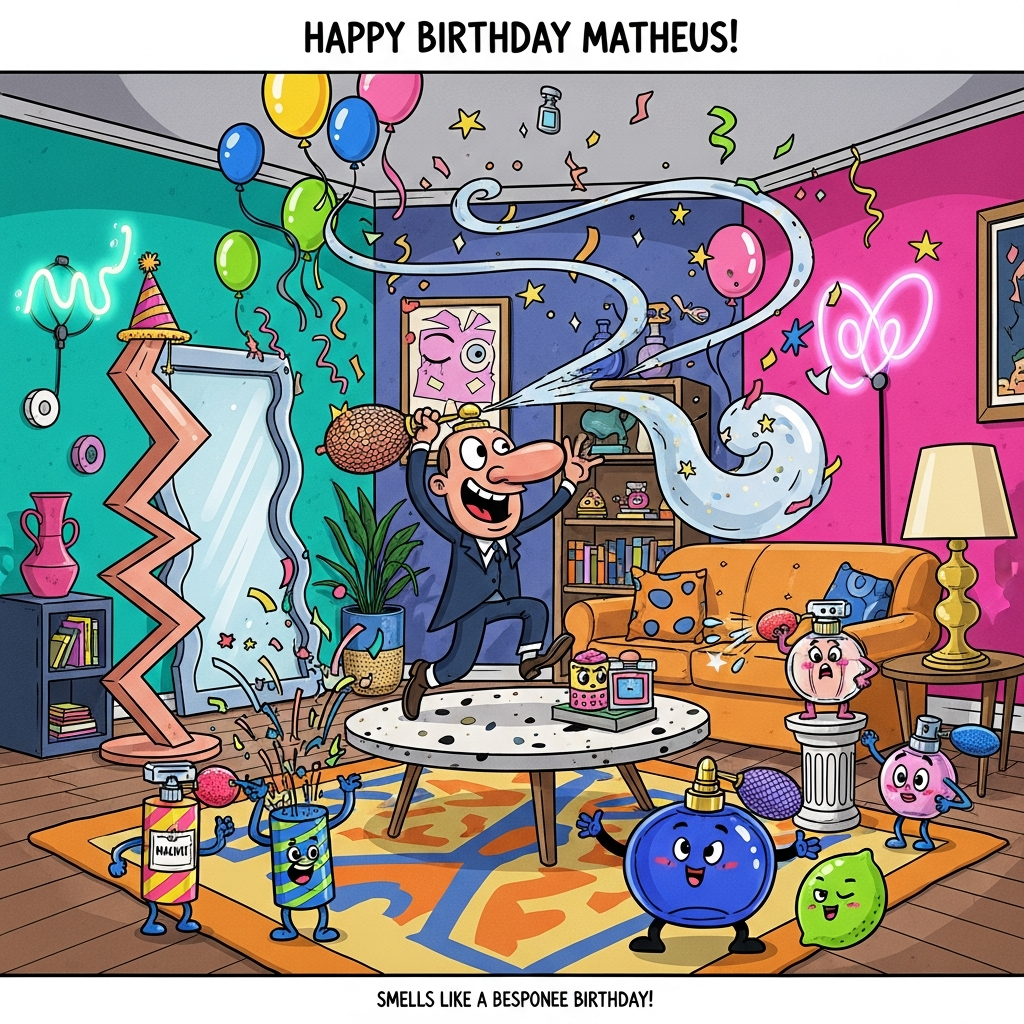 At the top of the Cartoon Style image, "Happy Birthday Matheus!"
At the bottom of the Cartoon Style image, small cheeky caption: "Smells like a bespoke birthday!"

Playful, funny cartoon scene with exaggerated proportions, thick black outlines, and bright saturated colors. Setting: an eclectic, design-forward living room bursting with bespoke décor—zigzag sculptural floor lamp (wearing a party hat), wavy mirror that seems to wink, asymmetrical bookshelf, terrazzo coffee table, bold patterned rug, geometric vases, quirky art objects, and a neon squiggle wall light. Center stage: a joyful cartoon host with an expressive, slightly oversized nose and a gleeful grin, mid-leap while spritzing an oversized vintage perfume atomizer. The shimmering fragrance plume becomes a lively ribbon that curls around the room, transforming into teardrop “scent” balloons, starry sparkles, and tiny confetti cutouts shaped like chairs, lamps, and mini perfume bottles. Anthropomorphic perfume bottles join the party—one pops confetti like a party popper, another poses dramatically on a pedestal, a third spritzes itself and blushes—while a stylish plant and the lamp lean in to “sniff.” Add streamers, floating ribbons, and gleaming highlights on glass surfaces. Color palette: electric teal, hot pink, sunshine yellow, tangerine, royal blue, and lime. Cel-shaded, high contrast, dynamic wide-angle perspective with an energetic, whimsical vibe. No other text.
Generated with these themes: Perfume lover, bespoke unique home decor lover, and .
Made with ❤️ by AI.