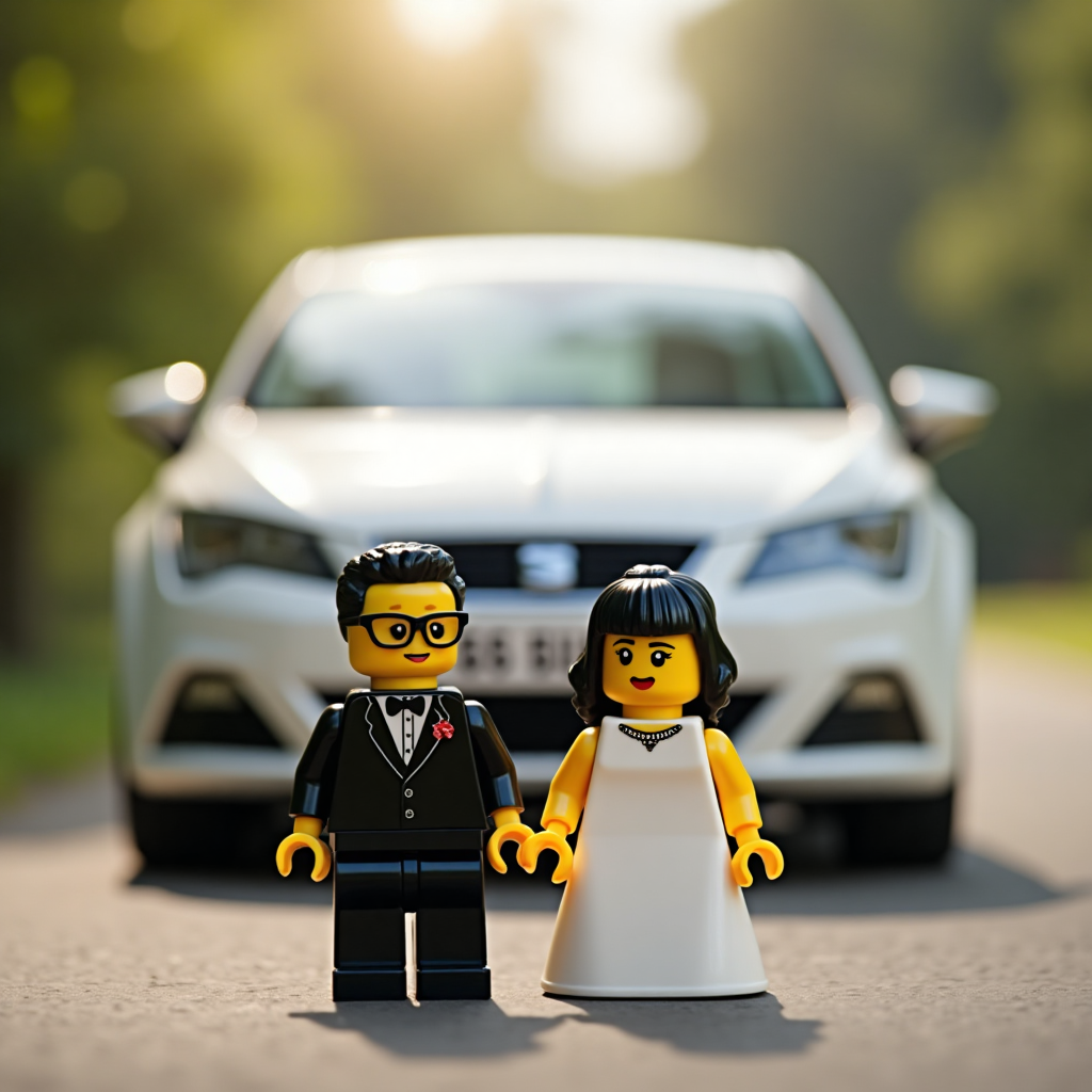 At the top of the Photorealistic picture taken from a camera image, **Congratulations Sulaiman & Aisha**

---

**Image Description:**

In an ultra-high-definition 4K UHD photograph, a whimsical scene unfolds perfect for a wedding greeting card. In the foreground, a charming Lego bride and groom stand side by side. The groom is depicted with endearing detail, sporting tiny glasses and a classic black tuxedo, exuding a sophisticated yet playful vibe. The bride, slightly shorter, is adorned in a modest white wedding dress, her black hair styled with a neat front fringe, adding a touch of sweetness and charm.

Behind them, parked gently, is a white Seat Leon, the car's number plate humorously personalized with 'L55 5ULY', offering a subtle nod to a private joke or cherished memory. The car is elegantly blurred to create a perfect depth of field, emphasizing the lively and colorful Lego couple in focus.

The lighting is impeccably balanced, casting gentle, natural shadows that enhance the realism of the scene. The textures of the Lego figures are captured with such precision that their glossy surfaces almost gleam. This delightful composition not only celebrates the joyous union of Sulaiman and Aisha but does so with an irresistible blend of humor and heart.
Generated with these themes: White seat Leon in the background with the number plate ‘L55 5ULY’, Lego bride and groom, Groom wearing glasses and tux, Bride is short wearing modest white wedding dress and black hair with a front fringe, and .
Made with ❤️ by AI.