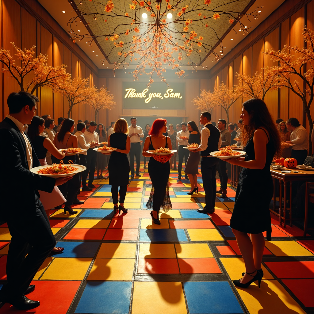 In the bustling heart of New York, an elegant wooden room comes alive with an electrifying scene. The floor is a mosaic of dynamic shapes and vivid colors inspired by the bold geometries of Mondrian, with rectangles of deep blue and vibrant red interlacing beneath the dancers' feet. The crowd, clad in semi-formal attire, twirls energetically across this canvas, their movements reminiscent of de Kooning's fluid, abstract figures. Above them, strands of lights zigzag in chaotic yet harmonious patterns, echoing the delicate scribbles of Cy Twombly, casting playful shadows around the room. The phrase "Thank you, Sam" is artfully woven into the glowing New York Marquee, each letter a constellation against a backdrop of musical notes swirling like a Kandinsky painting in the evening air. At the periphery, fall trees of New York, rendered in Rothko-esque blocks of rust and gold, frame the scene with a vibrant tapestry. Amongst the dancers, guests carry enormous white ceramic oval platters, Jackson Pollock-style splattered with fried shrimp and mushrooms, their steamy aroma wafting through the room. Separate rectangular dining tables are arranged sporadically, their surfaces dotted with small clusters of colorful autumn leaves. In a corner, a whimsical touch captures the eye: a red-haired baby with chubby legs comically protruding from the front of a carved pumpkin, akin to a surreal Miró character brought to life. The entire scene is a jubilant collision of art styles and joyous celebration, each element meticulously positioned to convey the spirit of gratitude and delight.
Generated with these themes: Crowd high-energy dancing on dance floor in semi-formal attire in medium-sized elegant wooden room with strand lights, New York Marquee, Fall trees in New York, Musical notes, People holding enormous white ceramic oval-shaped platters of fried shrimp and mushrooms, Separate Rectangular Dining tables, and Red-haired baby with legs sticking out of front of pumpkin.
Made with ❤️ by AI.