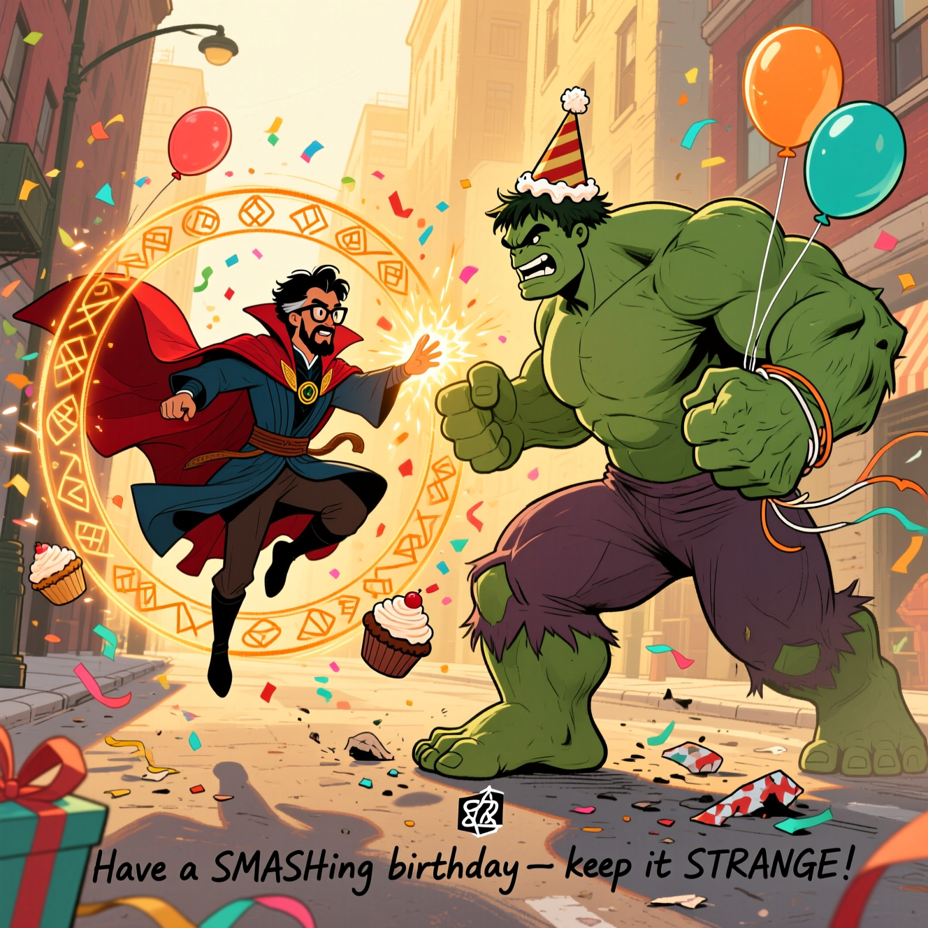 Prompt:
Hand-drawn illustration with fine linework and textured brush strokes, warm expressive color palette. A dynamic, funny battle scene between Doctor Strange and the Hulk at golden hour. Doctor Strange has Pakistani brown skin, neat beard, black hair, and black glasses, wearing a flowing crimson cloak that arcs like a ribbon as he hovers midair. He casts glowing, intricate orange-gold runes while opening a circular portal that sprays confetti, balloons, and a rogue cupcake. Opposite him, a massive, muscular green Hulk lunges forward with a playful scowl, a crooked party hat on his head, frosting on one knuckle, and a balloon string tangled around his wrist. The setting is a slightly stylized city street with warm light, long shadows, and soft, painterly textures; debris is minimal and comedic (streamers, gift wrap). Balanced triangular composition: Strange on the left in a three-quarter low angle, Hulk on the right, the swirling portal center-left. Use expressive ink lines, subtle paper grain, and painterly shading; rich crimsons, golds, and teals that pop against Hulk’s emerald skin. Emphasize motion arcs, cloak swirls, and spark effects; keep the mood heroic but cheeky, no gore or harsh damage, no logos or extra text. Small, single-line hand-lettered caption at the bottom, unobtrusive: “Have a SMASH-ing birthday—keep it STRANGE!”
Generated with these themes: Dr Strange marvel (Pakistani brown skin with black glasses) fighting , Fight scene Marvel , Hulk marvel , Battle fight scene , and .
Made with ❤️ by AI.