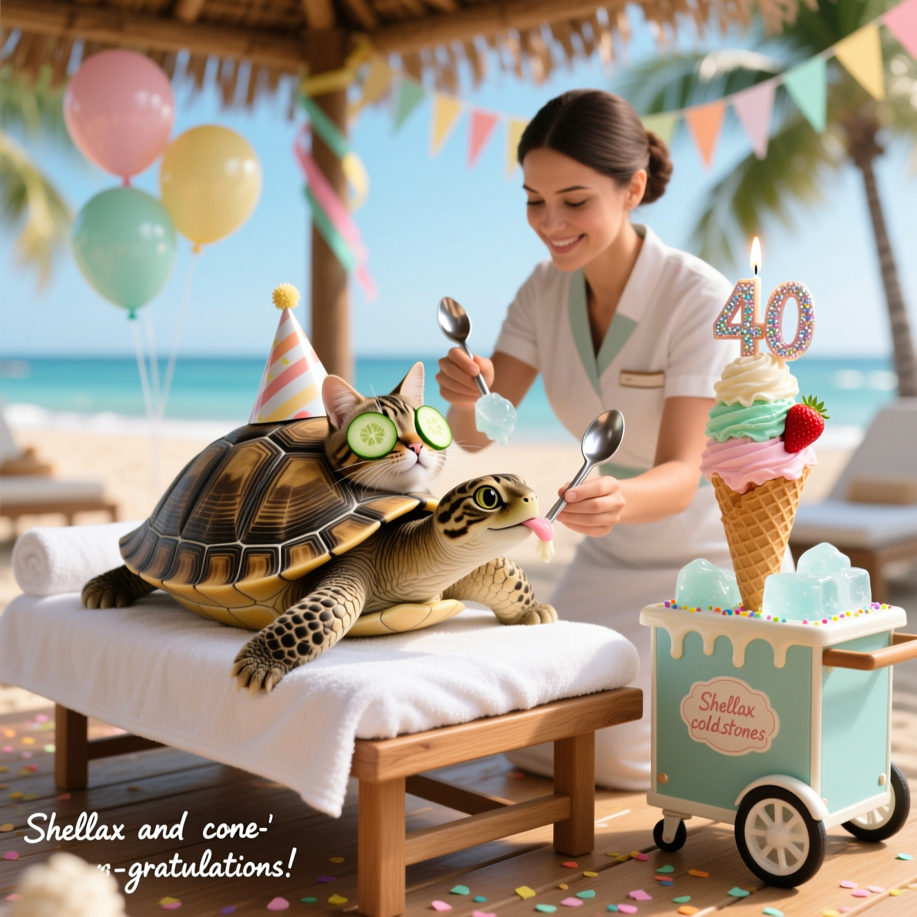 At the top of the Photorealistic picture taken from a camera image, Tortie is 40

Ultra-high-definition 4K UHD photorealistic birthday scene, captured on a full-frame camera with a 50mm lens at f/2.8, ISO 200, natural soft daylight, rich depth of field and creamy bokeh, funny and lighthearted mood. In a breezy beachside spa cabana, a content tortoise reclines on a miniature massage table draped in crisp white linens; tiny party hat perched on its shell, cucumber slices resting over its eyes. A massage therapist’s hands gently knead its shoulders and shell area, playfully using polished ice-cream scoops like “cold stones.” Beside the table, a vintage ice-cream cart presents a tall waffle cone stacked with pastel scoops (vanilla, strawberry, mint) topped with a sparkling 40 candle; the tortoise stretches its neck to take a cheeky lick mid-shot. Background shows soft-focus balloons, streamers, and sunlit palm leaves; subtle confetti on the floor. Lifelike textures: detailed shell scutes and skin, towel fibers, wooden table grain, glossy melting ice-cream sheen with sprinkles. Eye-level angle, clean composition, natural color grading, true-to-life lighting.

At the bottom, a small handwritten caption reads: Shellax and cone-gratulations!
Generated with these themes: Tortoise, massage, ice cream, and .
Made with ❤️ by AI.