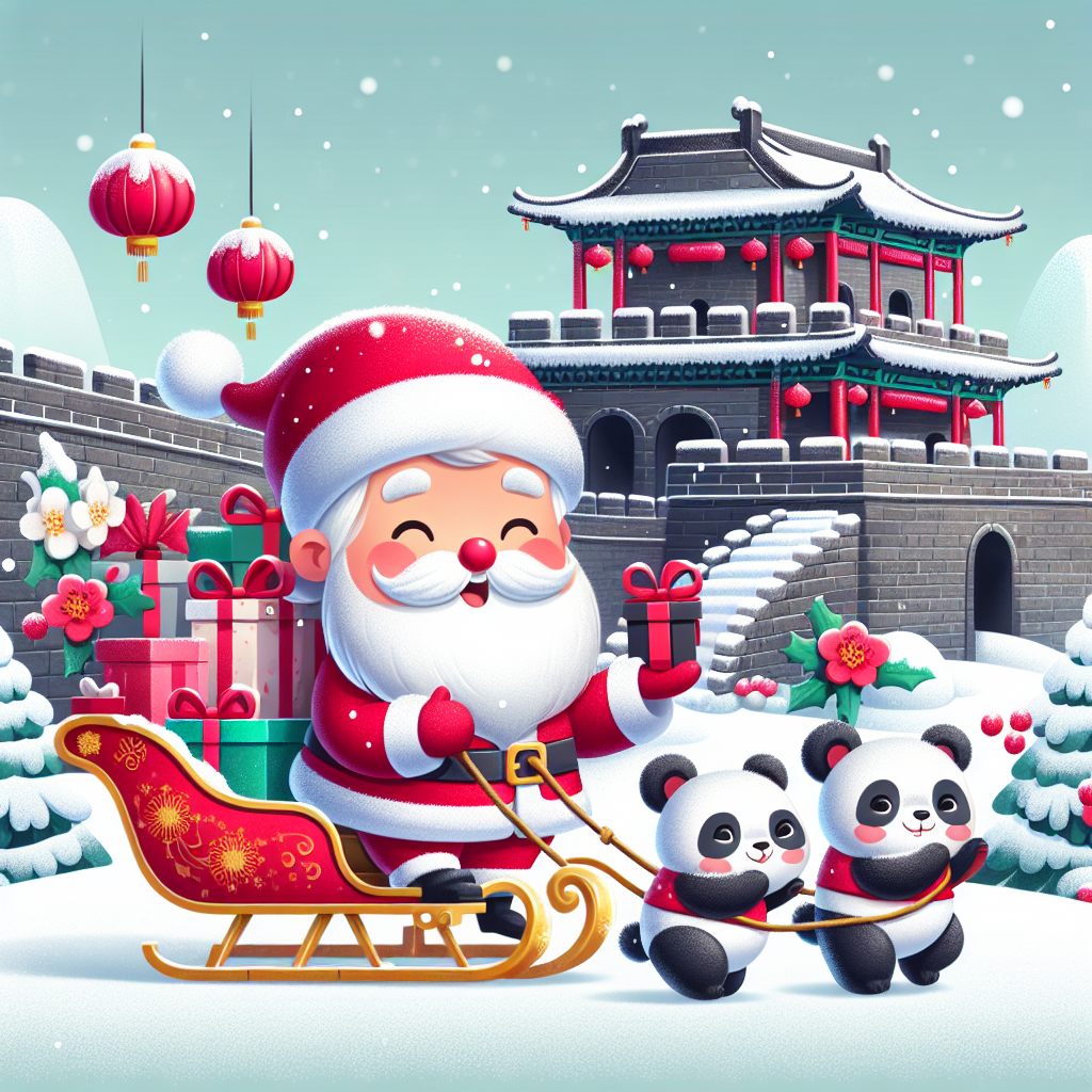 A whimsical Christmas illustration depicts a jolly Asian Santa Claus atop the Great Wall of China, delivering presents via a sleigh pulled by pandas instead of reindeer. Cherry blossoms covered in snow, alongside red lanterns adorning the Great Wall, add a delightful twist.
Generated with these themes: Asia.
Made with ❤️ by AI.