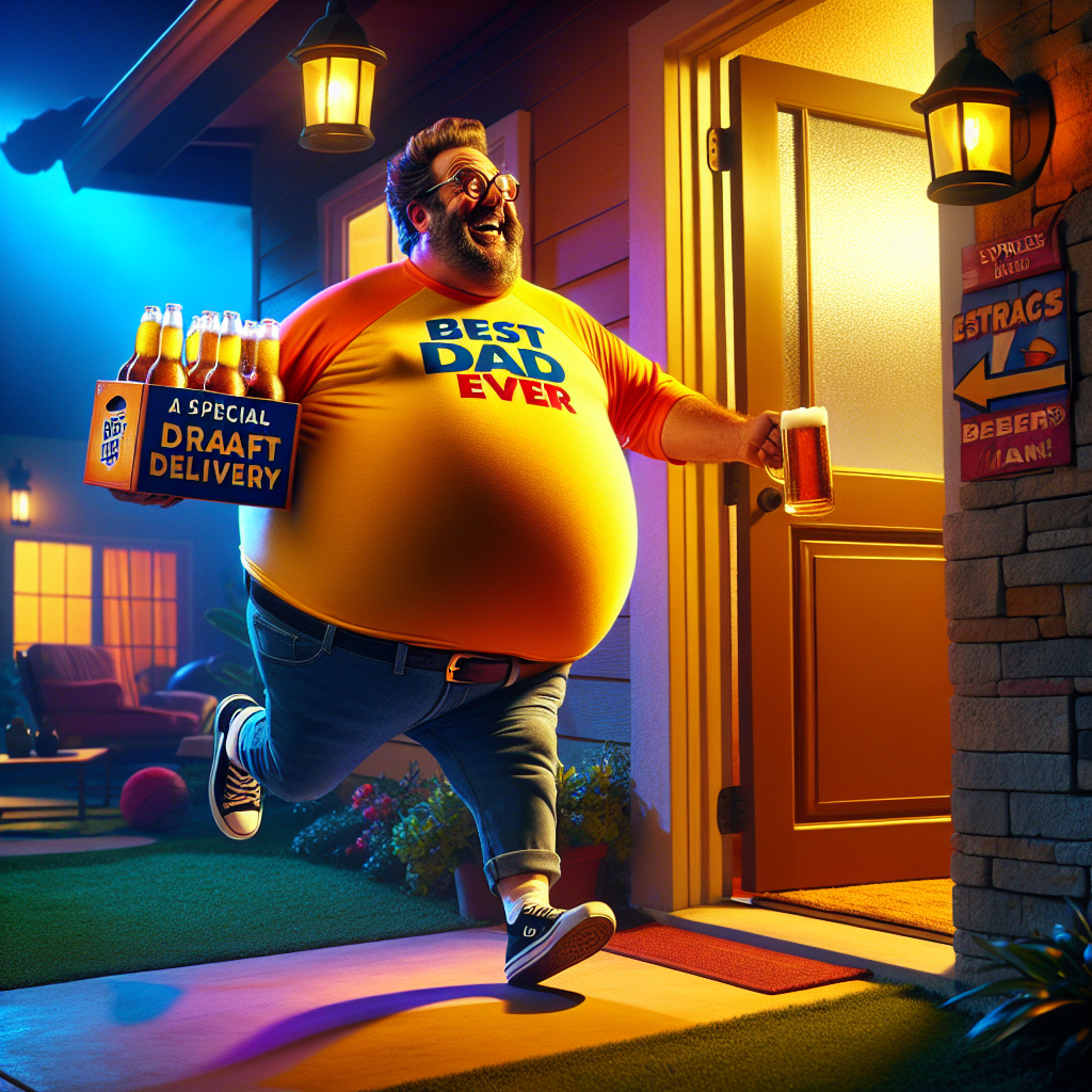 A vibrant scene unfolds with a jovial, round-belly man, clad in a 'Best Dad Ever' t-shirt and classic dad sneakers, making his beer delivery rounds to a warmly-lit home. As this unidentified male figure stealthily approaches the doorstep, a visible puff of gas escapes from one of the beer bottles, eliciting a grin from this jovial man as he jests, 'That's a special draft delivery, express from your friendly neighborhood beer man!'
Generated with these themes: Daddy Claus, who is Father's Day's version of Father Christmas is delivering beer to a house , Daddy Claus has farted visibly and says something funny about it, and Daddy Claus is dressed in special dad clothes .
Made with ❤️ by AI.
