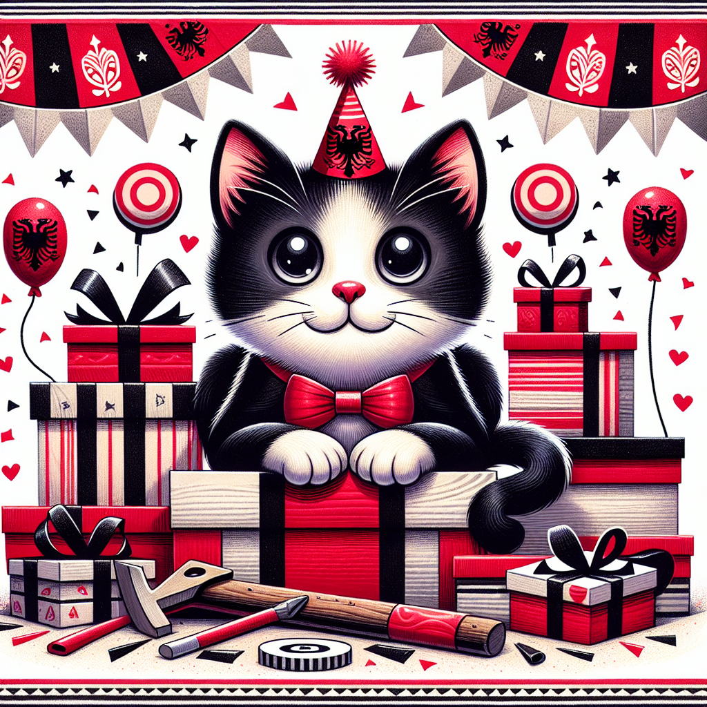 Tuxedo cat, Albanian, and Joiner Birthday Card