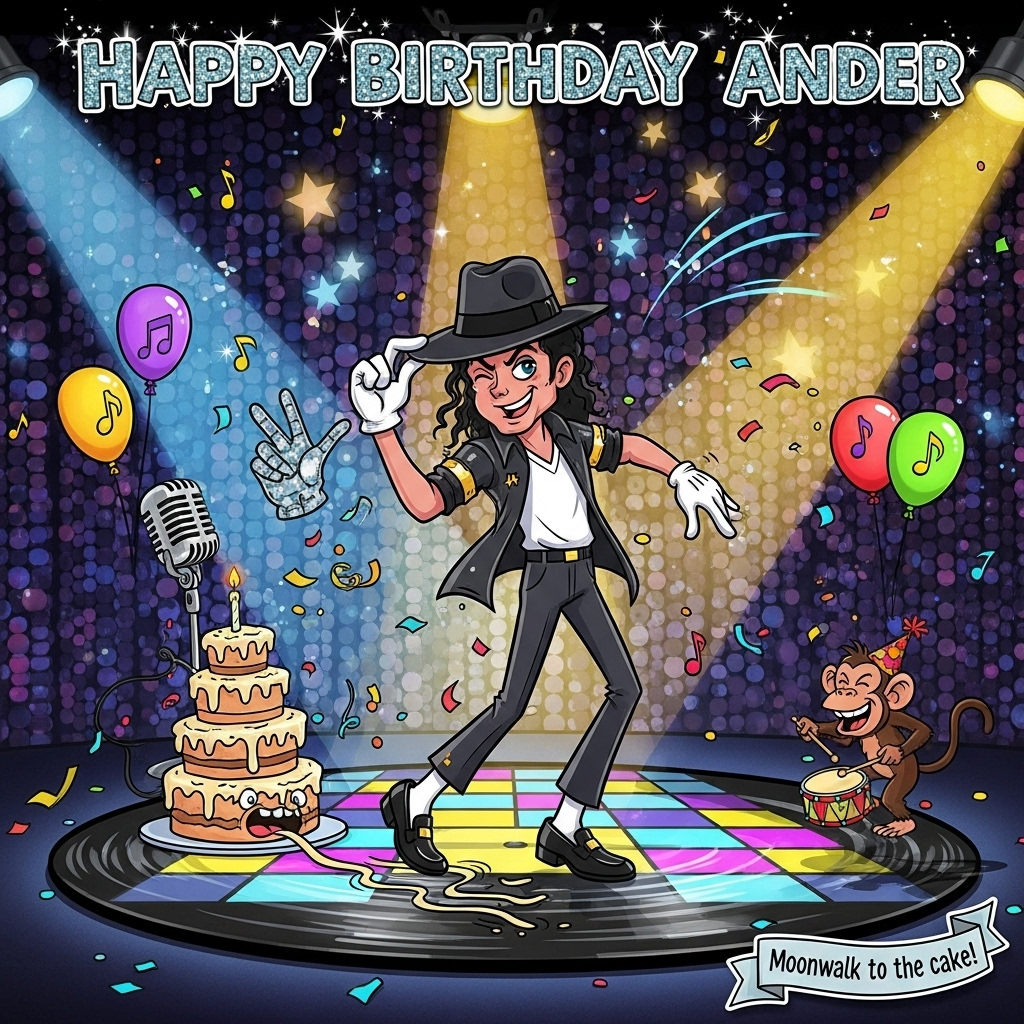 At the top of the Cartoon Style image, "Happy Birthday Ander" in big glittery disco letters with sparkles and tiny music-note confetti.

Playful, funny cartoon scene: Michael Jackson mid-moonwalk on a glowing checkerboard dance floor shaped like a giant vinyl record—exaggerated proportions with an oversized fedora tipped low, a huge sequined single glove flashing, long legs sliding in bright white socks and shiny black loafers, shiny black jacket over a white tee; thick outlines, bright saturated colors, and a super-energetic, bouncy pose. Spotlights in electric blue, neon pink, and gold criss-cross a shimmering sequin curtain; starbursts, swoosh motion lines, and music-note balloons and confetti fill the air. A towering birthday cake with a silver microphone as the candle sits stage-left, with a goofy frosting trail under his loafers like “moonwalk tracks.” MJ winks at the viewer while tipping his hat; a cheeky cartoon chimp in a party hat taps a tiny drum near the cake for extra mischief. Full-bleed, high-contrast, glossy highlights, bold shadows, and celebratory sparkle everywhere.

Small extra text near the bottom on a curved ribbon sticker: Moonwalk to the cake!
Generated with these themes: Michael Jackson, and .
Made with ❤️ by AI.