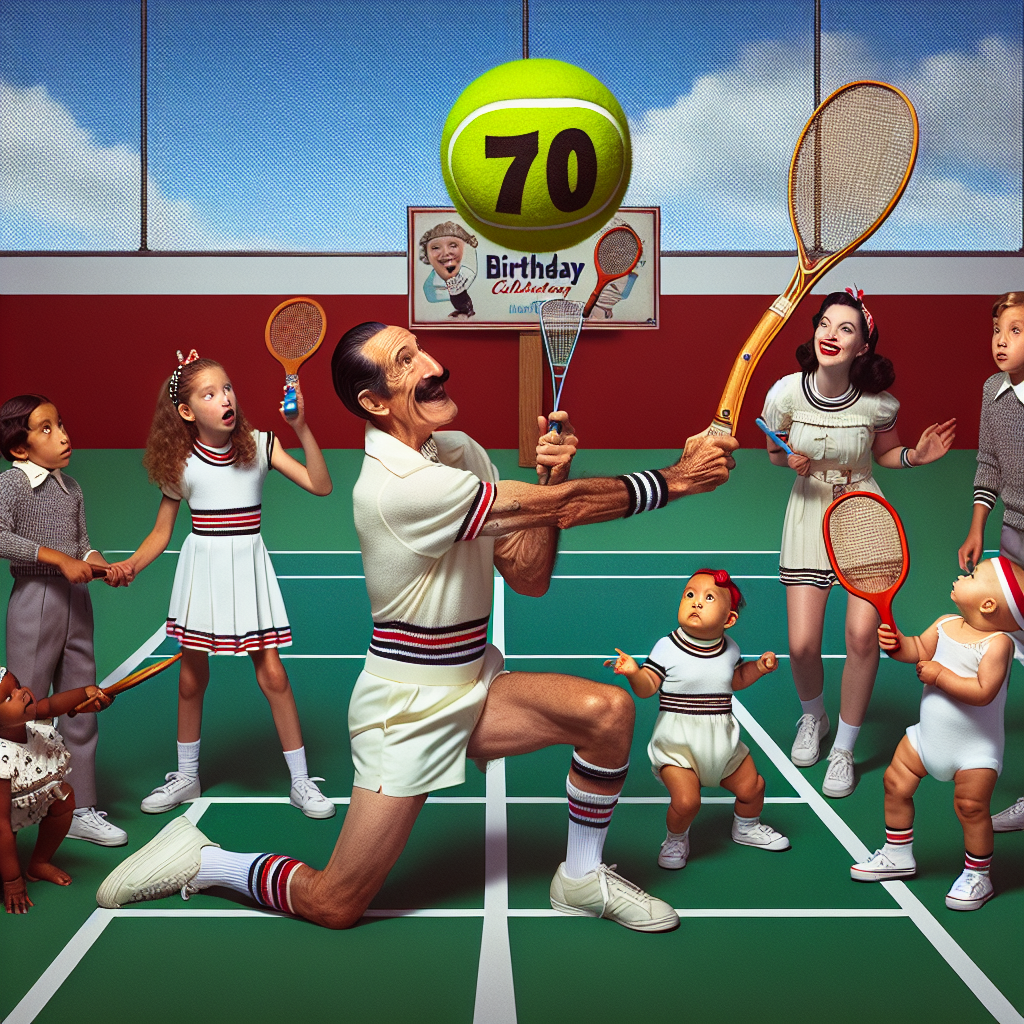 A comical image is presented for a 70th birthday celebration, set on a vibrant tennis court. The spotlight is on the birthday celebrant, a Caucasian man, who is wearing vintage tennis whites and enthusiastically trying to serve a tennis ball that’s amusingly shaped like the number 70. He is countered by his four granddaughters: a Hispanic child, a Middle-Eastern toddler, a Caucasian teenager, and a South Asian infant - all humorously brandishing oversized tennis rackets and comically working together to return the unconventional serve. Off to the side of the court, three grandsons - a Black youth, a Middle-Eastern adolescent, and an Asian child - are caught in a playful act of keeping score, each of them portraying a different humorous expression of awe, emphasizing the importance of this milestone birthday game.
Generated with these themes: 70th birthday, Tennis, 4 granddaughters, and 3 grandsons.
Made with ❤️ by AI.