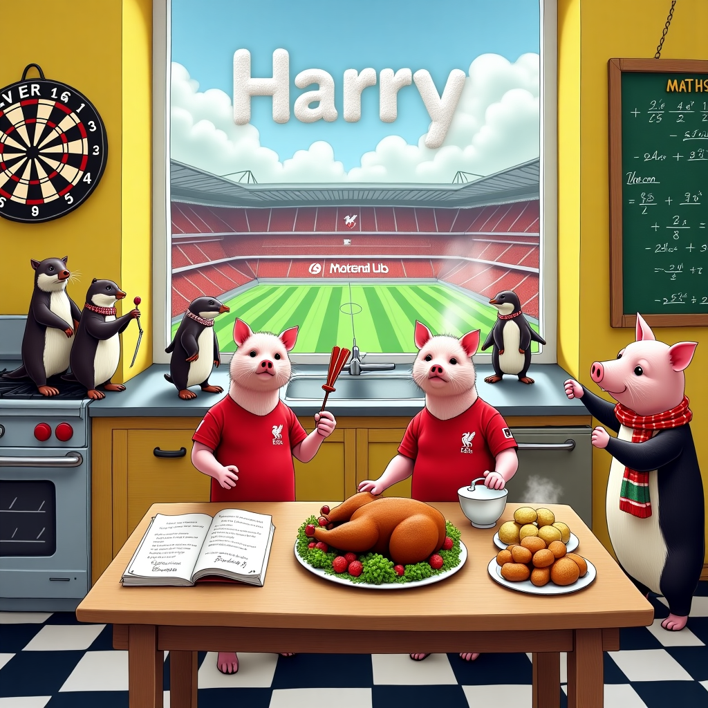 **Front Cover Description:**

**Background:**  
The scene is set in a whimsical, lively kitchen with checkered black and white floors and bright, lemon-yellow walls. A large window reveals a backdrop of the iconic Anfield Stadium, with the Liverpool FC emblem proudly displayed on the building.

**Foreground Elements:**

1. **Otters and Penguins:**  
   - On the left side, two cheeky otters dressed in Liverpool FC jerseys are perched on a kitchen counter, holding mini footballs. Their fur is glossy and wet-looking, reflecting the kitchen light.
   - A pair of penguins, in Liverpool scarves, stand beside a stainless-steel stove. One penguin is flipping pancakes with a spatula, while the other stirs a pot labeled “Gravy.”

2. **Pigs and Darts:**  
   - Near the window, three playful pigs are standing on hind legs. One is holding a dart with its snout pointed toward a dartboard on the wall, where the darts are uniquely designed to resemble miniature sausages.
   - The dartboard is set in the classic red and green color scheme, but with numbers made of bacon strips.

3. **Cooking and Roast Dinners:**  
   - The kitchen table is set with a grand roast dinner featuring a golden-brown turkey, surrounded by roasted vegetables and a jug of gravy. Steam rises, adding a sense of warmth.
   - An open cookbook titled "Cooking with Harry" lies on the table, with illustrated diagrams of complex culinary equations.

4. **Maths:**  
   - Above the table, a chalkboard is covered with intricate mathematical formulas, involving angles and measurements of various culinary items.

5. **Weightlifting:**  
   - In the corner, a pig with an exaggeratedly muscular build lifts a barbell, with weights humorously shaped like oversized potatoes.

**Text:**  
- “Harry” is creatively inscribed in the sky outside the window, formed by clouds drifting over Anfield, visible through the window. The letters are puffy and distinct.

**Colors and Details:**  
- The overall palette is vibrant, featuring rich reds, whites, and blacks in homage to Liverpool FC, complemented by the warm hues of the roast dinner and the soft, cool tones of the animals’ fur and feathers.
- The scene is filled with lifelike details, from the fur textures of the animals to the shiny metal sheen of kitchen utensils, adding realism to the delightful chaos.

This card captures a vivid and humorous birthday celebration, blending the joys of sports, culinary arts, and whimsical animal antics.
Generated with these themes: Otters, Penguins, Liverpool football club, Pigs, Darts, Cooking, Roast dinners, Maths, and Weightlifting.
Made with ❤️ by AI.
