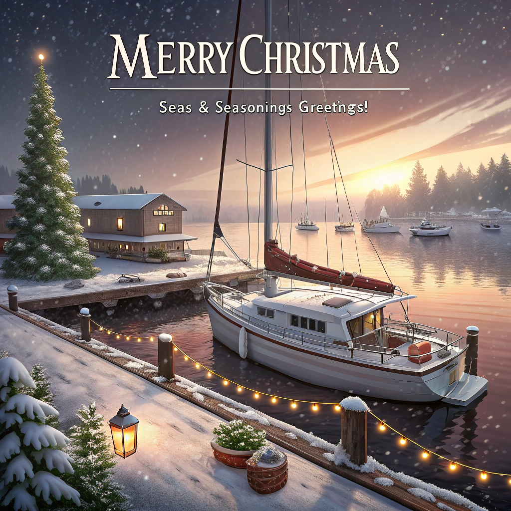 At the top of the Photorealistic picture taken from a camera image, "Merry Christmas "

At the bottom of the image, "Seas & Seasonings Greetings!"

Ultra-high-definition 4K UHD, photorealistic winter marina at golden hour with gentle snowfall. On the deck of a small, snow-dusted sailboat wrapped in warm white fairy lights and holly garlands, a cozy galley scene takes center stage on a varnished teak cockpit table: a compact marine stove with a red enamel pot gently steaming, wooden spoon resting nearby; flour-dusted rolling pin; star and anchor-shaped cookie cutters; a gingerbread sailboat cookie mid-icing; cinnamon sticks, star anise, rosemary sprigs, and thin orange slices adding aromatic, “seasonings” charm. The ship’s wheel is tinsel-wrapped with a tiny chef’s hat perched playfully on top; candy-cane striped lines and a wreath tied to the mast. In the background, soft bokeh harbor lights shimmer on calm, icy water with a distant lighthouse silhouette. Cute touch: a plush seagull in a tiny Santa hat peeks over the rail. Camera: full-frame 50mm lens, f/2.8, ISO 200, 1/250s; focus on the steaming pot and cookies for lifelike textures and rich depth of field with creamy bokeh. Accurate, true-to-life lighting—warm string lights against cool twilight blues—reveals frost crystals on ropes and sugar dust on wood. Render the top headline large in candy-cane red hand-lettered script with a subtle gold sheen, soft white outline, and gentle drop shadow for legibility; render the bottom punchline in crisp white small-caps sans-serif with a slight gold foil shimmer on a translucent navy ribbon across the lower frame. No visible brands, no human faces; cozy, cute, festive, and real.
Generated with these themes: Sailing cooking , and .
Made with ❤️ by AI.