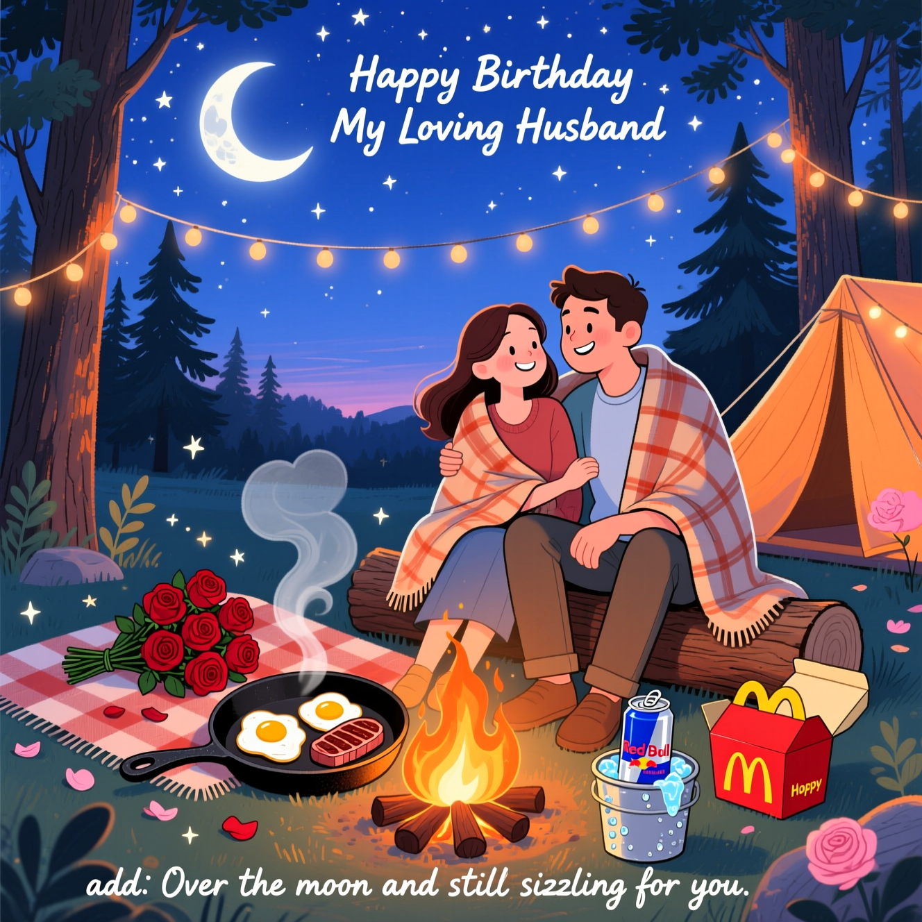At the top of the Illustration Style image, Happy Birthday My Loving Husband

A romantic, hand-drawn camping scene at twilight: a cozy clearing beneath a velvety indigo sky sprinkled with twinkling stars and a softly glowing crescent moon, subtly shaped like a heart. In the foreground, a warm campfire crackles; in a cast-iron skillet, two sunny-side-up eggs and a seared steak form playful heart shapes, steam curling into a heart above the flames. A bouquet of deep red roses rests on a plaid blanket, a few petals scattered like tiny constellations. Nearby, a cheerful red-and-yellow Happy Meal box peeks open on the blanket, and a chilled blue-silver can of Red Bull sits in a little ice bucket, beads of condensation catching the firelight.

At center, a loving wife wraps a blanket around her husband as they sit shoulder-to-shoulder on a log, smiling and leaning into each other, rim-lit by the fire’s glow. Delicate string lights drape between tall pines, adding ember oranges and blush rose tones that balance the moonlit silver above. Composition is balanced: sky and moon in the upper half, camp and feast below. Fine linework defines figures, foliage, and objects; textured brush strokes for trees, fabric, and flames; warm, expressive color palette with indigo, ember orange, blush rose, and gentle highlights.

At the bottom in small, hand-lettered script, add: Over the moon and still sizzling for you.
Generated with these themes: Camping, Happy meals, Red bull, Wife, Moon and stars, Love, Eggs, Steak, Roses, and .
Made with ❤️ by AI.