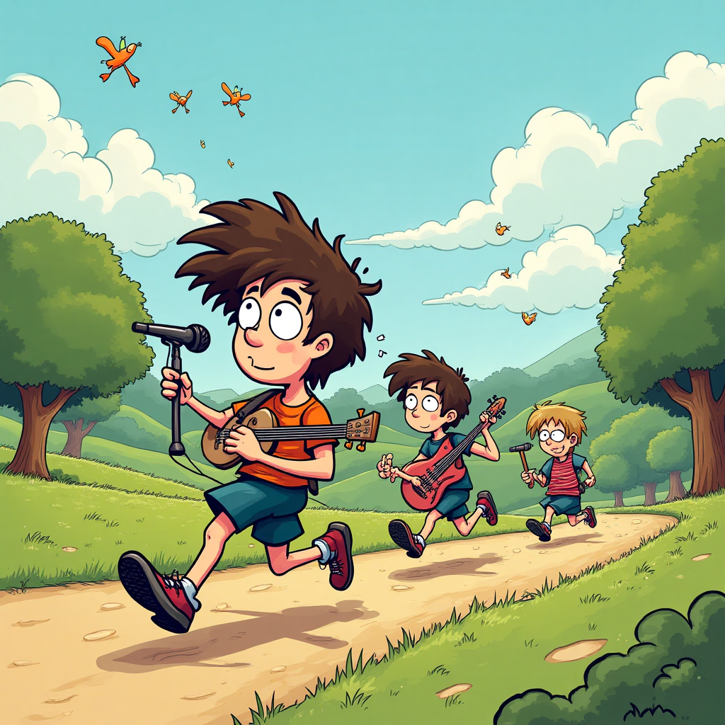**Image Prompt:**

Picture a lively cartoon scene where a band of animated characters resembling the iconic members of Oasis are running in a comical cross-country race. The Gallagher brothers, with their signature hairstyles and quirky outfits, are sprinting through a colorful, exaggerated landscape, complete with oversized trees, rolling hills, and cartoonish birds flitting about. Each band member is caught in a hilarious action pose, struggling to keep up while trying to play their instruments on the go.

In the foreground, the frontman is attempting to sing into a microphone while running, his eyes wide with determination and a slight smile on his face. The bassist, slightly behind, is tangled in his guitar strings, and the drummer is frantically trying to keep his drumsticks from flying away.

**Caption Text:**

"Oasis? More like 'Race-is!' Thanks for keeping us in tune!"
Generated with these themes: Cross country running, the band Oasis, and .
Made with ❤️ by AI.