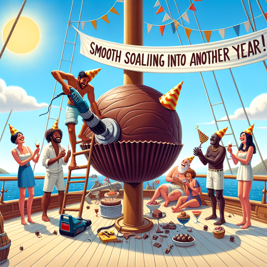 Create a whimsical birthday illustration showing a sun-filled scene on the deck of a sailboat under a clear blue sky. An individual of ambiguous gender and Hispanic descent is comically attempting to open an oversized, round chocolate confection, which is humorously designed as the ship's wheel, using a cordless drill. A group of diverse friends, including a Caucasian female, Black male, and Middle-Eastern female, all dressed in summer clothing, cheer on the birthday individual, donning party hats. A banner strung across the deck reads 'Smooth Sailing into another year!'
Generated with these themes: Sailing, Warm weather, Power tools, and Lindt.
Made with ❤️ by AI.