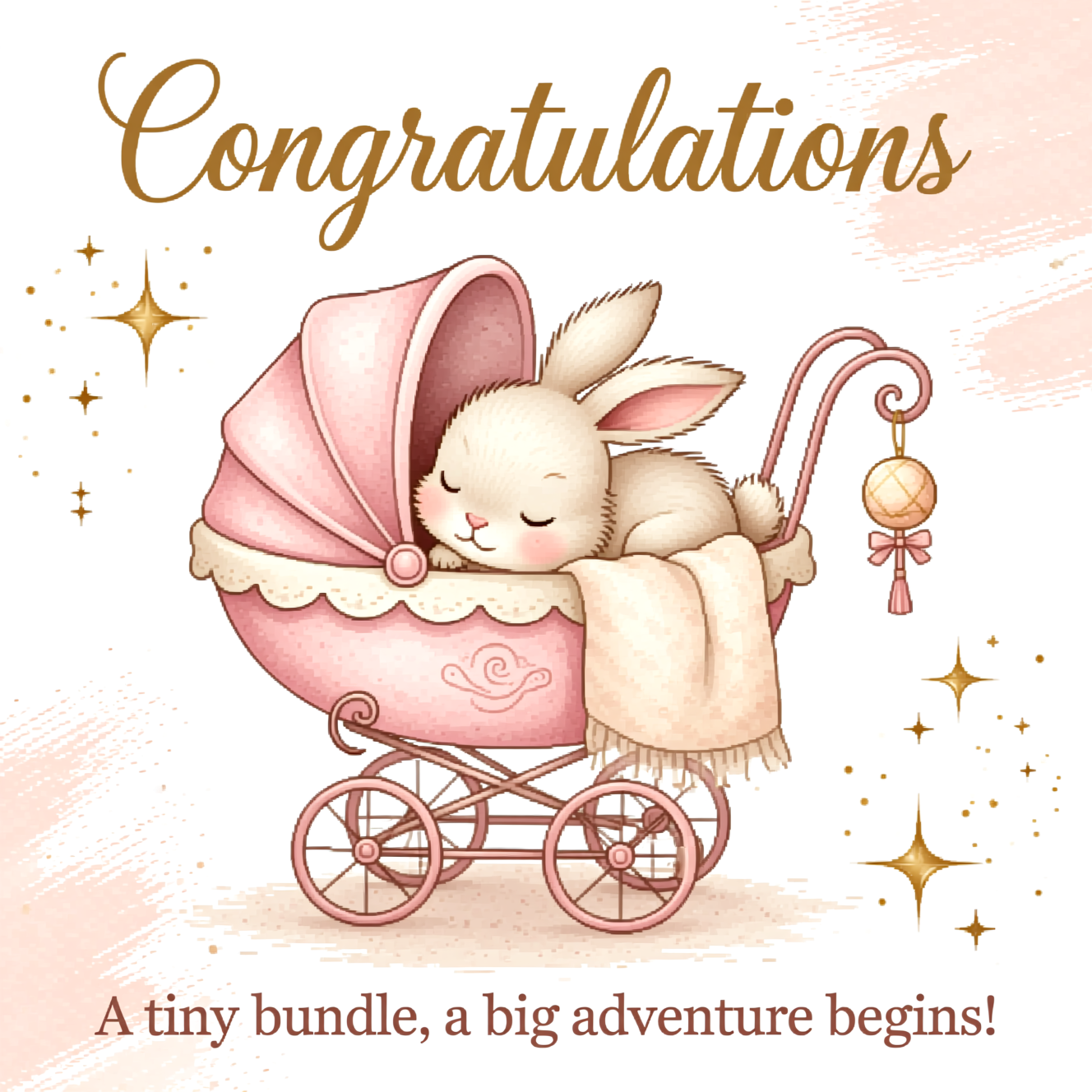 White background baby bunny pink in pram, and New-baby Card