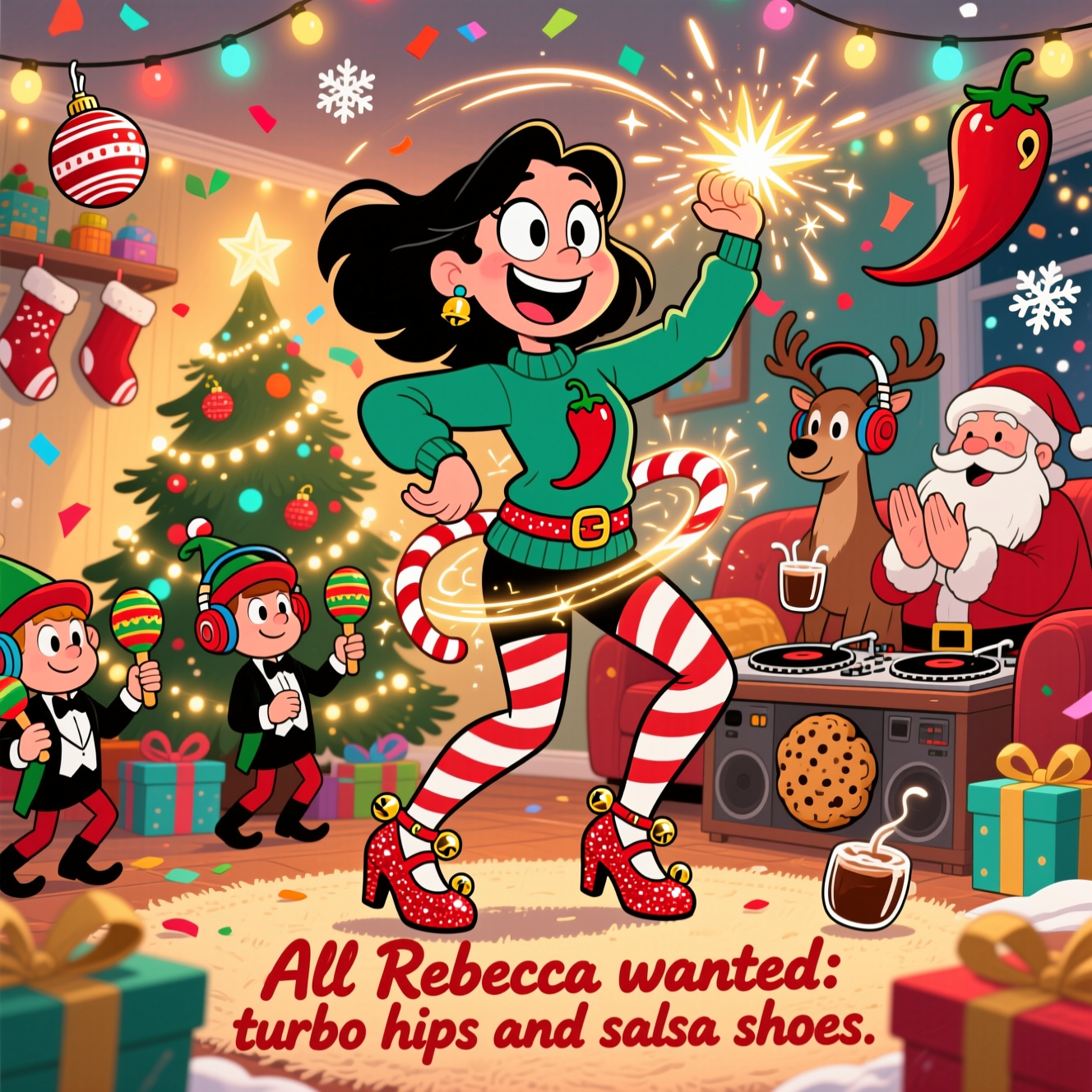 Playful, funny Christmas cartoon with exaggerated proportions, thick black outlines, bright saturated colors, and energetic poses: In a cozy, twinkling living room with a glowing tree and stockings, Rebecca—big expressive eyes, huge grin, chili-pepper ugly sweater, candy-cane leggings—spins mid-salsa, wearing glittery red salsa shoes with tiny jingle bells. Around her hips, a whimsical peppermint-turbine belt fires up, sending sparkly swirls, whoosh rings, and starbursts as she dances. Elves in tiny tuxes shake maracas, a reindeer DJ in earmuffs spins cookie-shaped turntables, and Santa claps off-beat, sloshing cocoa; ornaments shaped like maracas and chiles sway, gifts bounce to the rhythm, snowflake confetti floats through colorful fairy lights. Dynamic low-angle framing, motion lines, cel-shaded highlights, warm golden glow with candy reds, greens, teal, and gold accents. Add one small line of text at the bottom in bold candy-cane hand-lettering: “All Rebecca wanted: turbo hips and salsa shoes.” No other text.
Generated with these themes: All Rebecca wanted was some turbo hipsAnd salsa shoes , and .
Made with ❤️ by AI.