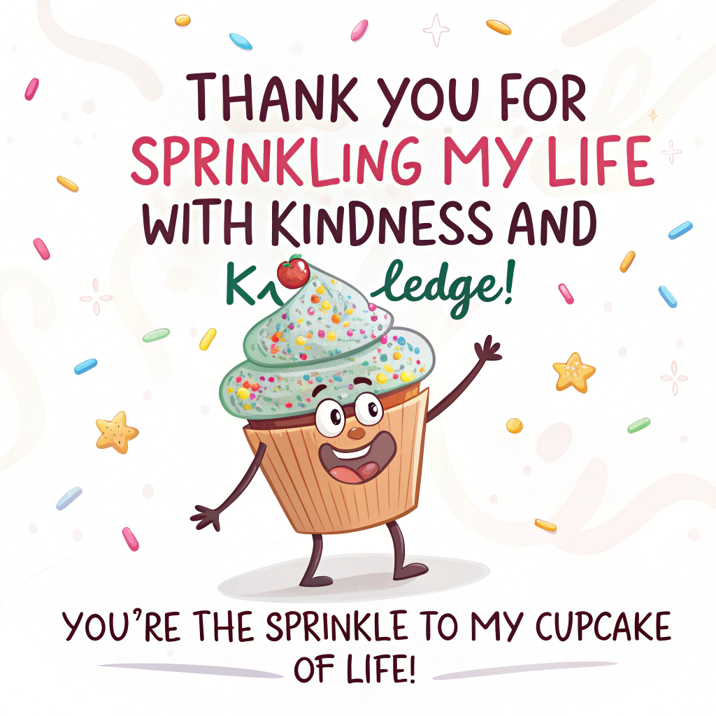 At the top of the image, "Thank you for sprinkling my life with Kindness and Knowledge!"

- In the center of the image, depict a cheerful cartoon cupcake character with a wide smile and arms open in a welcoming gesture. The cupcake is adorned with colorful sprinkles that seem to be joyfully leaping off its top, forming a playful, swirling pattern.

At the bottom of the image, add "You're the sprinkle to my cupcake of life!"
Generated with these themes: Cupcakes , and .
Made with ❤️ by AI.