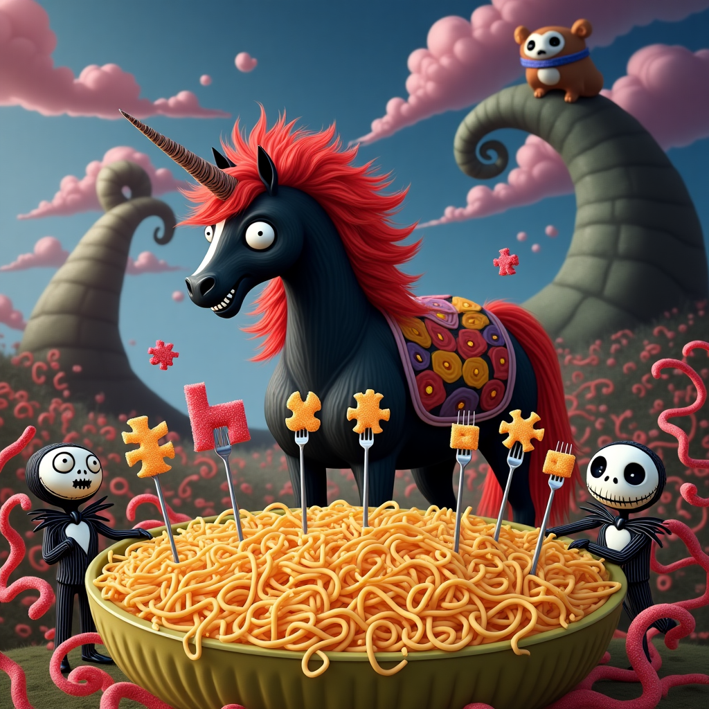 Puzzles, Goofy cartoon, Black bodied unicorn with red hair, Nightmare Before Christmas, Gummies, and Pasta Thank-you Card