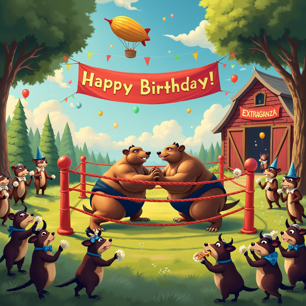 The scene unfolds on a fantastically surreal, verdant meadow under a sky that transitions from day to night with a painterly gradient. A colossal sumo wrestling ring dominates the center, made from vibrant red ropes and shimmering golden posts. Within the ring, two plump, muscle-bound sumo wrestlers are caught mid-battle, their faces filled with cartoonish determination and exaggerated expressions, almost as if they are characters from a Saturday morning cartoon.

On the left side of the ring, a gang of dapper stoats in tiny tuxedos and bow ties form a cheerleading squad, waving miniature pom-poms and doing synchronized acrobatics. They are standing on their hind legs, their whiskers twitching in excitement, and some have top hats and monocles, adding a touch of class to their quirky appearance.

To the right of the sumo ring, a group of cows—each uniquely decorated—are part of the audience. One cow sports a blue polka-dotted scarf and oversized sunglasses, while another has a party hat and a noise-maker hanging from its mouth. A third cow, with a daisy chain necklace, is munching on a birthday cake, clearly having a great time. The cows' eyes are wide with curiosity, and they stand on two legs like spectators in a human audience.

In the background, a comically oversized, rustic barn serves as a whimsical backdrop, with balloons and streamers cascading from the roof. The barn door is open, and inside, you can glimpse more party activities: a pin-the-tail-on-the-donkey game featuring a real, very confused donkey, and a table laden with presents wrapped in shiny, colorful paper.

Above the ring, a banner stretches across two trees, proclaiming "Happy Birthday!" in bold, cheerful letters, with each letter seemingly alive, sporting tiny faces and arms waving at the viewer. A zeppelin floats lazily in the sky, trailing a banner of its own that reads "Sumo Stoat Extravaganza!" to add to the festivities.

All these elements come together to create a delightfully chaotic, birthday-themed scene that is as whimsical as it is detailed, blending the influences of various iconic cartoonists and illustrators into a unique, storytelling masterpiece.
Generated with these themes: Sumo wrestling, stoats, cows.
Made with ❤️ by AI.