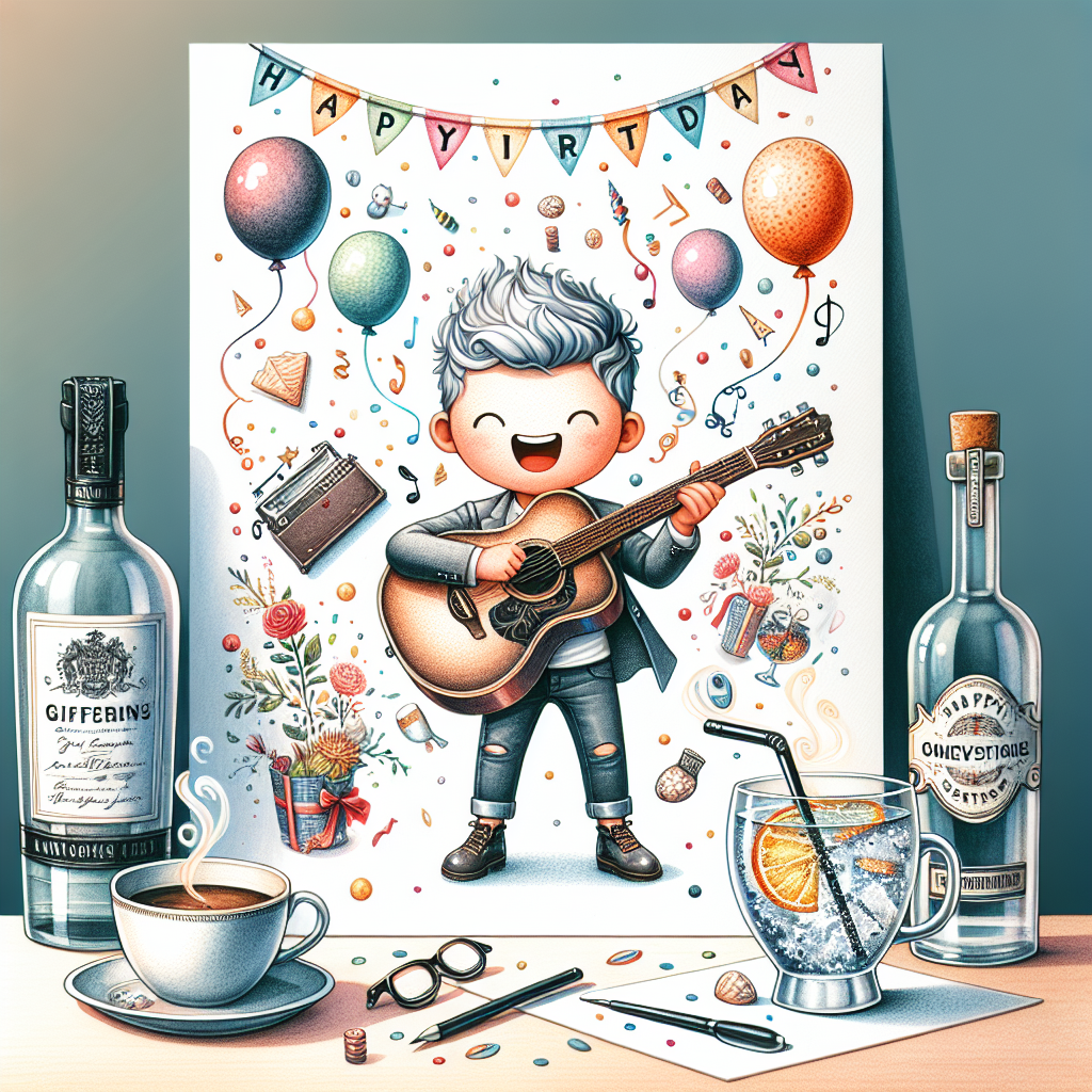 Create a whimsical birthday illustration with a festive atmosphere. In the center, feature an adorable caricature of an unidentified male figure, with similar physique to a beloved musician, joyfully strumming a guitar. Surround him with decorative elements that portray celebration, such as balloons, falling confetti, and a banner saying 'Happy Birthday!'. Also, on a side table, an elegant bottle of gin and a steaming cup of coffee sharing a silent toast to the good times and the smooth tunes.
Generated with these themes: David Cassidy, Gin, and Coffee .
Made with ❤️ by AI.