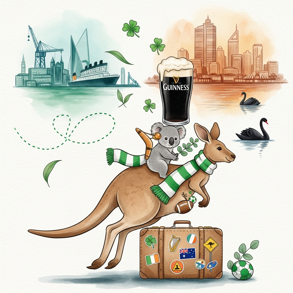 Soft watercolor illustration with airy washes, delicate gradients, subtle pigment blooms, and visible cold-press paper texture. Foreground: a cheeky kangaroo bounding to the right, wearing a green-and-white hooped scarf (Celtic Football Club–inspired, no crests/logos), balancing a frothy pint of Guinness-dark Irish stout (no labels) atop a vintage suitcase. A cuddly koala clings to the kangaroo’s back, holding a boomerang and a sprig of eucalyptus; a tiny green-and-white football peeks from the kangaroo’s pouch. The suitcase is covered in icon-style travel stickers (shamrock, Irish harp, black swan, kangaroo road sign, Irish and Australian flag icons—no words). Midground: a playful dotted flight path arcs from left to right like a contrail formed by the flapping scarf. Background in soft split-scene washes: left side fades into misty Belfast landmarks (Harland & Wolff cranes, hint of Titanic Belfast’s angular silhouette) in cool emeralds and ultramarines; right side warms into Perth’s skyline along the Swan River with a black swan and sunlit ochres and siennas. Shamrocks and eucalyptus leaves drift through the air, merging the two worlds. Comedic touch: the stout’s creamy head wobbles but never spills, the kangaroo’s expression proudly determined, the koala blissfully nonchalant. Palette: emerald greens, ultramarine/turquoise sea, warm ochres/burnt sienna, peat-brown stout with creamy white head. Minimal, sketchy linework; generous white space so the characters read large and bold.

Include a single, small, hand-lettered brush-script caption at the bottom:
“Slán, mate — Belfast to Perth in one hop!”

No logos, no additional text.
Generated with these themes: Ireland, Australia, Perth, Belfast, Guinness, Celtic Football Club, Koala, Kangaroo, Travel, Irish, , and .
Made with ❤️ by AI.