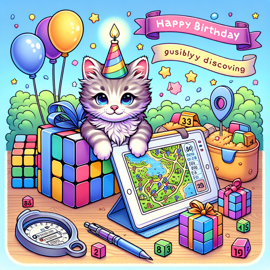 Create an illustration that encapsulates a cozy and jovial birthday environment filled with delightful details. The highlight of the image should be an adorable kitten, sporting a celebratory hat, displaying curiosity towards a partially solved Rubik's Cube. Also in the scene, there's a treasure map that guides to an array of smartly hidden geocaching locations, indicated by compact flags that have been stylized to resemble birthday candles. Color the setting with soothing pastel hues, reflective of the playful discovery atmosphere. The illustration is intended to honor a birthday event, fusing the twin joys of puzzle-solving and outdoor adventures.
Generated with these themes: Rubiks cube, and Geocaching.
Made with ❤️ by AI.