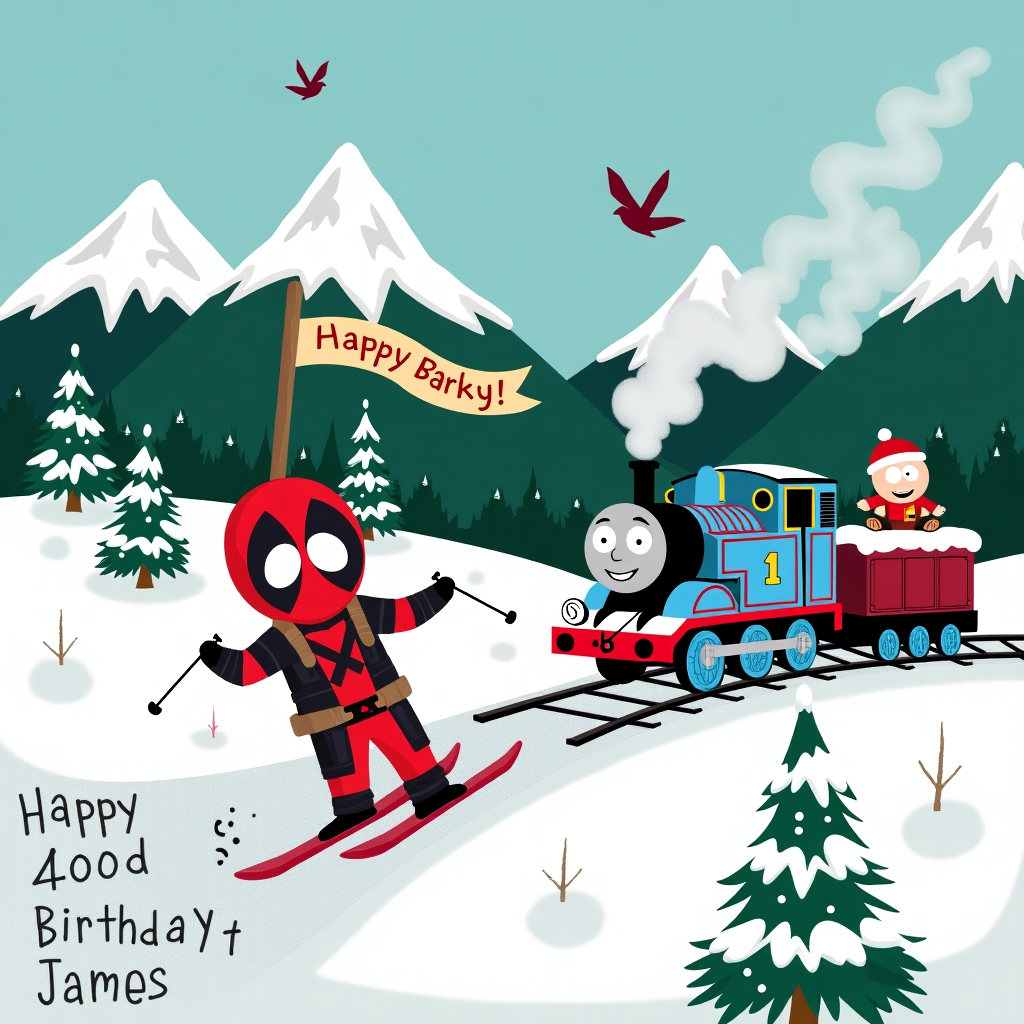 In this whimsical, illustrated birthday scene, we find ourselves in a snowy, South Park-inspired landscape. The foreground features Deadpool, dressed in a red and black winter jacket, energetically skiing down a hill made of shimmering snowflakes, his signature swords strapped to his back. The trail he leaves behind spells out "Happy 400th Birthday James" in the snow, creating a playful and celebratory message. Nearby, Thomas the Tank Engine is adapted into a charming winter train, his steam forming fluffy white clouds that dance above him in the sky, adding a festive touch to the winter wonderland. Mr. Hanky, the lovable and quirky character, is perched atop one of the train's carriages, wearing a tiny Santa hat and waving a miniature flag that reads "James's Big Day!" In the background, the iconic mountains of South Park rise majestically, their peaks dusted with fresh snow. The scene is dotted with frosty pine trees, each branch glistening with icicles. Above, the clear blue sky is animated with cartoon-style birds flitting about, while an old-fashioned, Rococo-inspired birthday banner—its edges adorned with delicate curls and swirls reminiscent of Aubrey Beardsley's intricate designs—stretches across the sky. This vivid tableau blends humor and homage, creating a lively and imaginative card front that captures all the requested themes in a celebratory storybook fashion.
Generated with these themes: South Park, Snow, Mr Hanky, DeadPool, Thomas The Tank .
Made with ❤️ by AI.