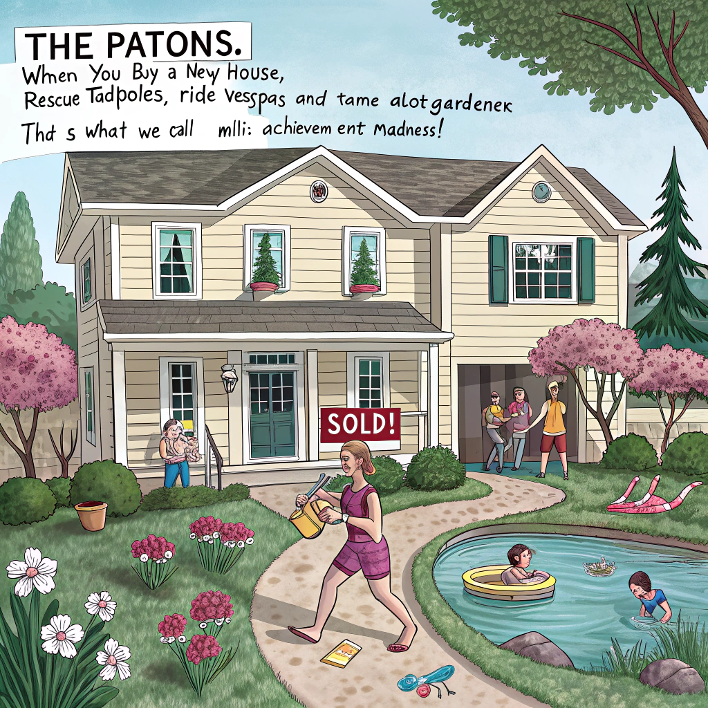 At the top of the image, "THE PATONS: When you buy a new house, rescue tadpoles, ride Vespas, AND tame a hot gardener — that’s what we call multi-achievement madness!"

Image description:  
A hilariously chaotic and ultra-realistic photographic scene unfolds in front of a quirky, newly painted suburban house with "SOLD!" hanging lopsidedly on the front door. In the front yard, a very attractive (and overly muscular) gardener in short shorts is being offered a glass of wine by a smirking little girl in pigtails. In the background, identical twin boys zoom down the driveway — one kite surfing across a decorative pond (complete with airborne tadpoles) while the other launches off the porch on a skateboard mid-kickflip. A bright yellow minibus with streamers and balloons reading “MISSION COMPLETE” is parked wonkily across the front lawn, half-blocking a pristine racing bike leaned against a bush full of exploded roses. To the side, a chic Vespa lies abandoned next to a knocked-over flowerpot. Confetti drifts lazily through the air. It’s utter, joyous, celebration mayhem.
Generated with these themes: Kite surfing, Racing bike, Tadpoles, Skateboard, New house, Hot gardener, Minibus, Vespa, Boys twins, Little girl, Wine, and Flowers.
Made with ❤️ by AI.
